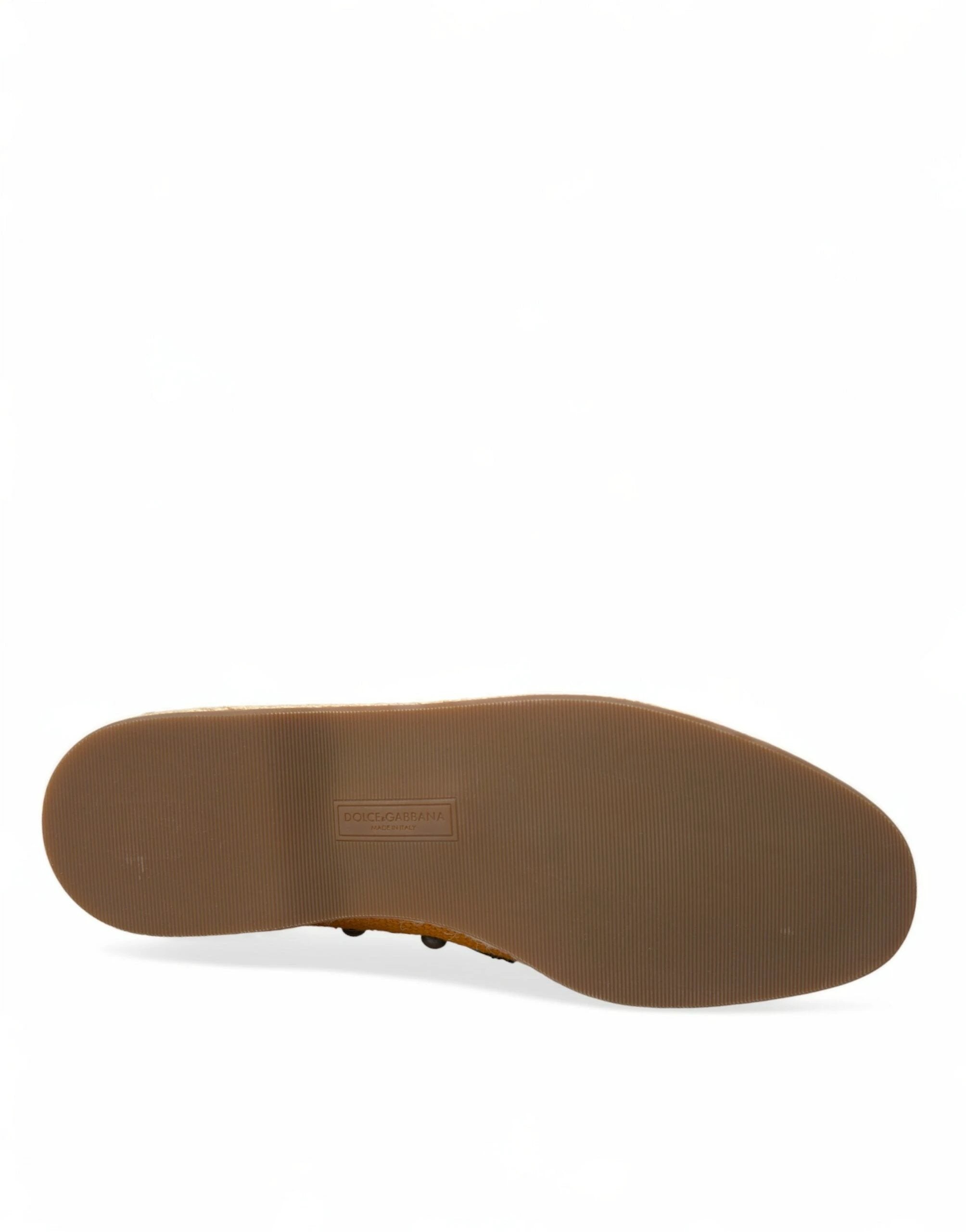 Dolce & Gabbana Orange Linen Leather Studded Loafers Shoes by Dolce & Gabbana