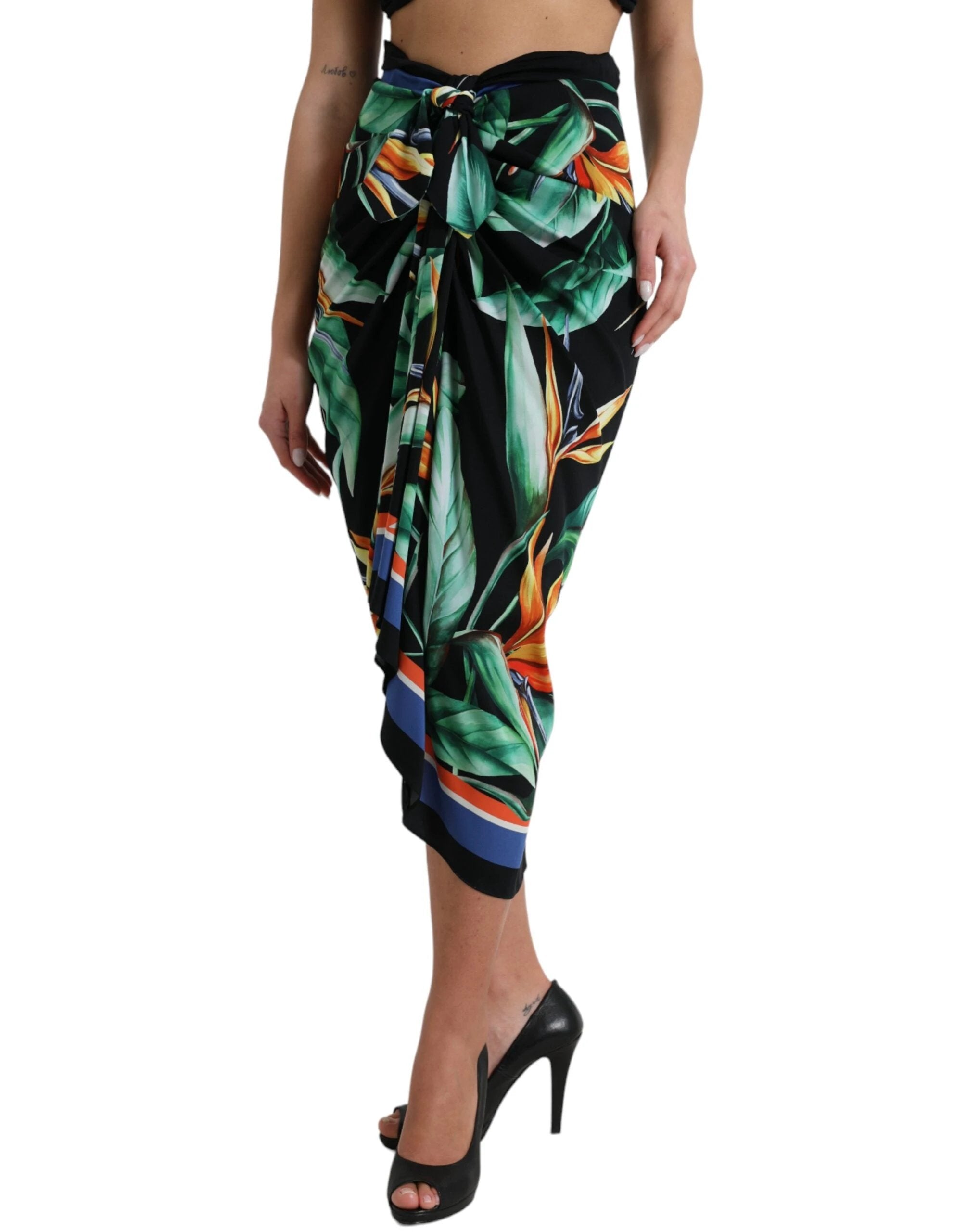 Dolce & Gabbana Black Strelitzia High Waist Wrap Midi Skirt by Dolce & Gabbana