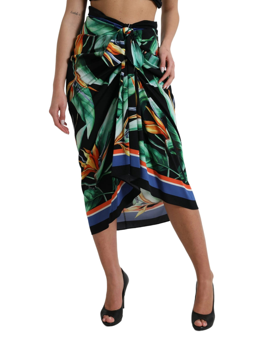 Dolce & Gabbana Black Strelitzia High Waist Wrap Midi Skirt by Dolce & Gabbana