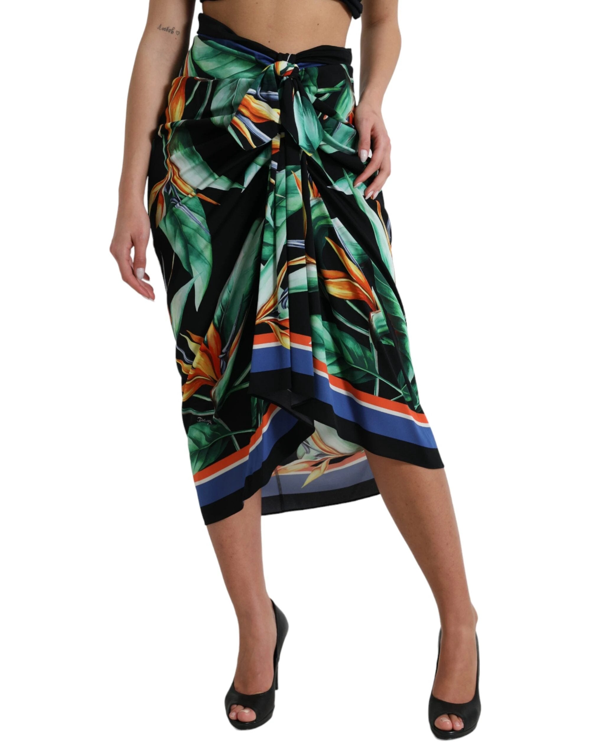 Dolce & Gabbana Black Strelitzia High Waist Wrap Midi Skirt by Dolce & Gabbana