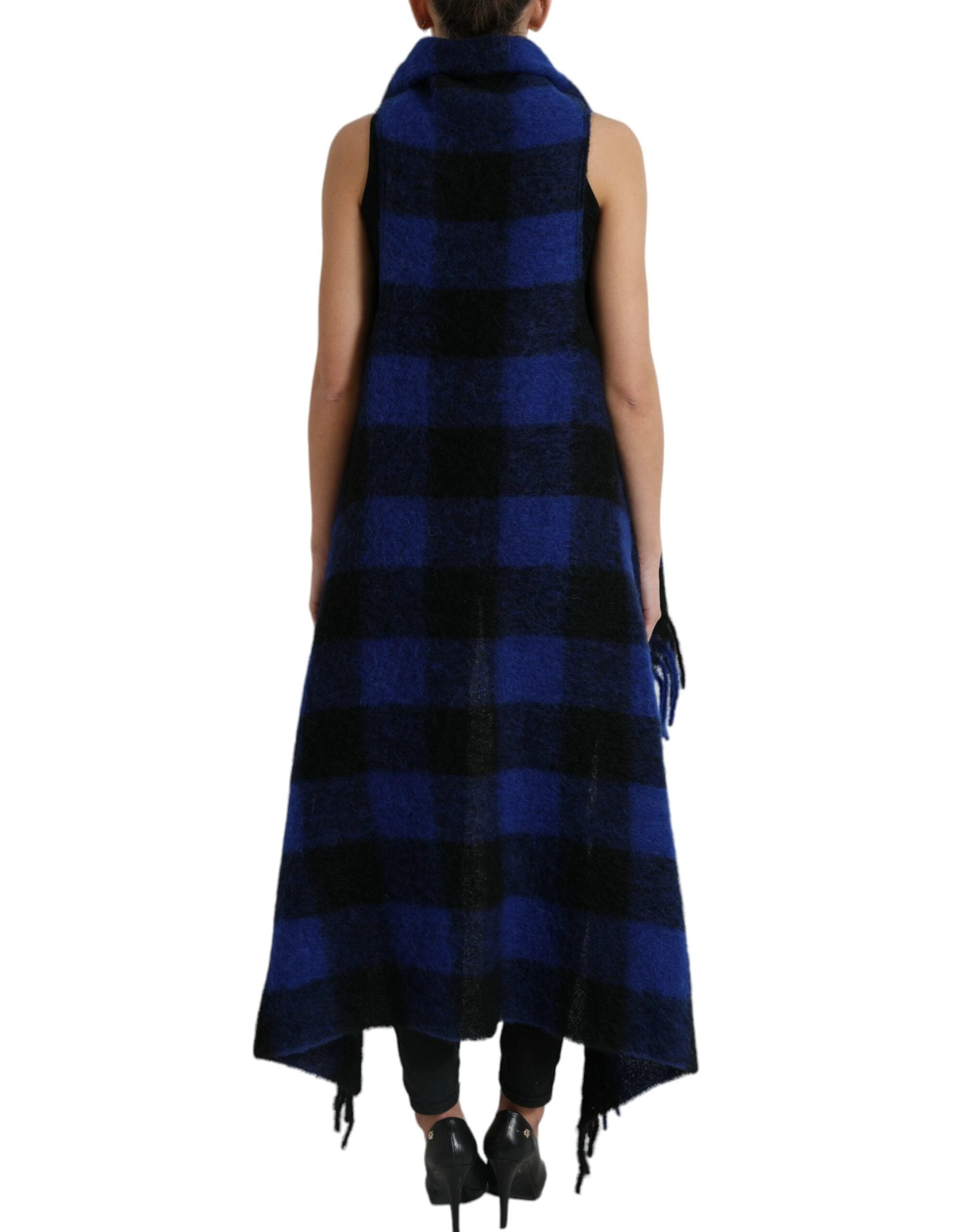 Dolce & Gabbana Black Blue Buffalo Check Poncho Coat Sweater by Dolce & Gabbana