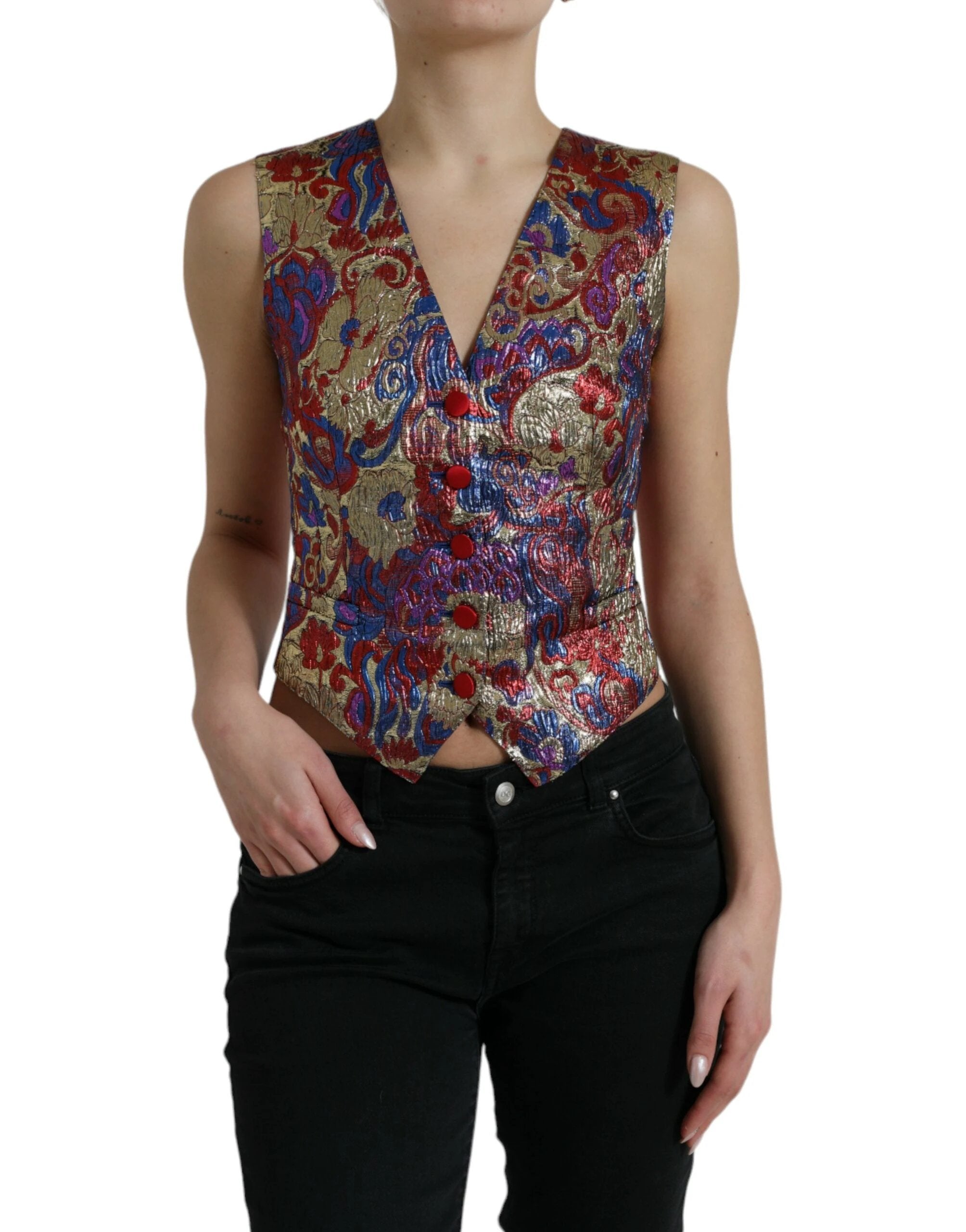 Dolce & Gabbana Multicolor Jacquard Button Waistcoat Vest Top by Dolce & Gabbana
