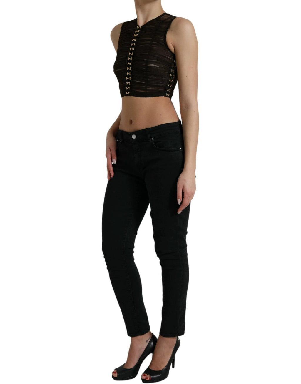 Dolce & Gabbana Brown Embellished Nylon Stretch Cropped Top by Dolce & Gabbana
