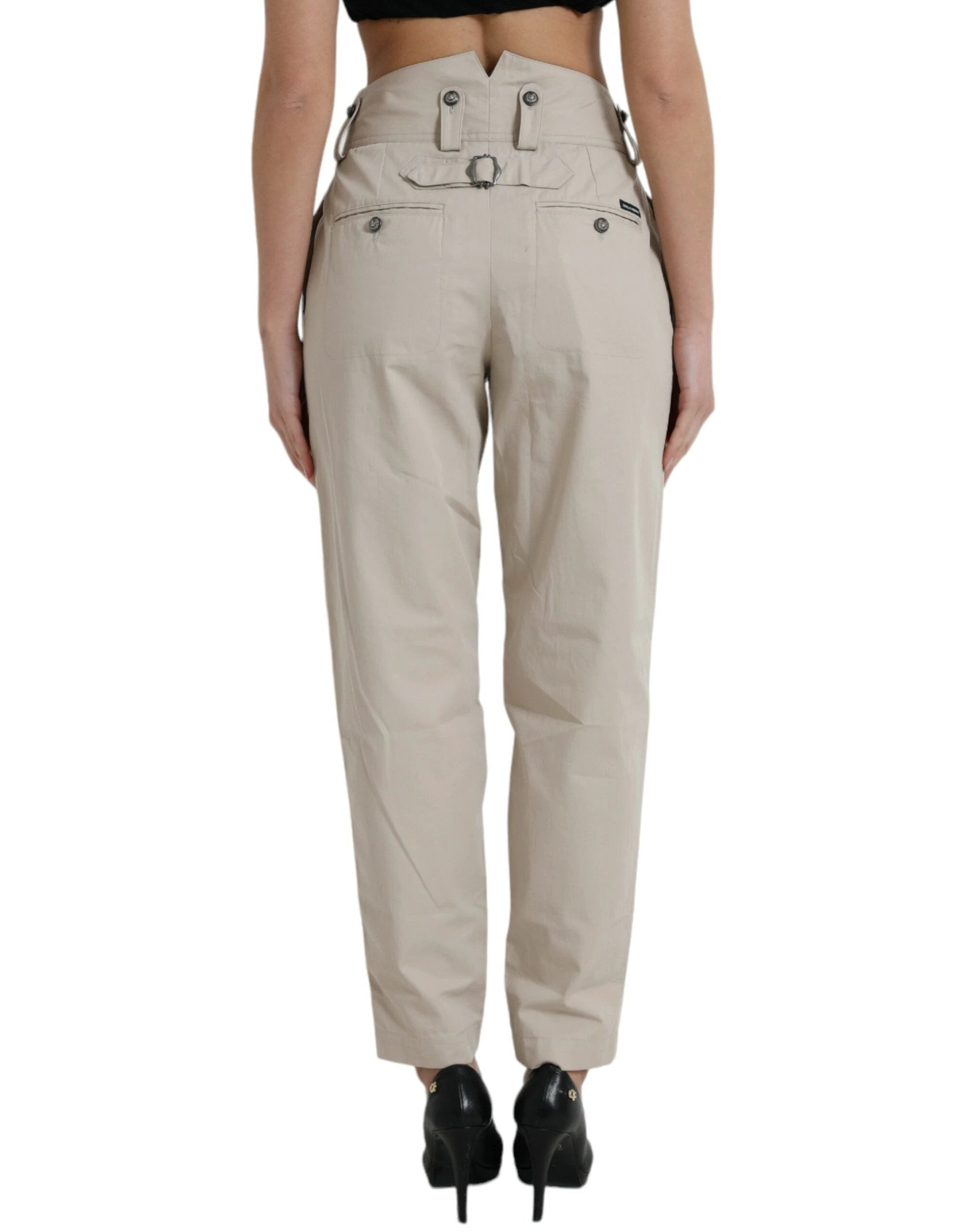 Dolce & Gabbana Beige Cotton High Waist Tapered Pants by Dolce & Gabbana