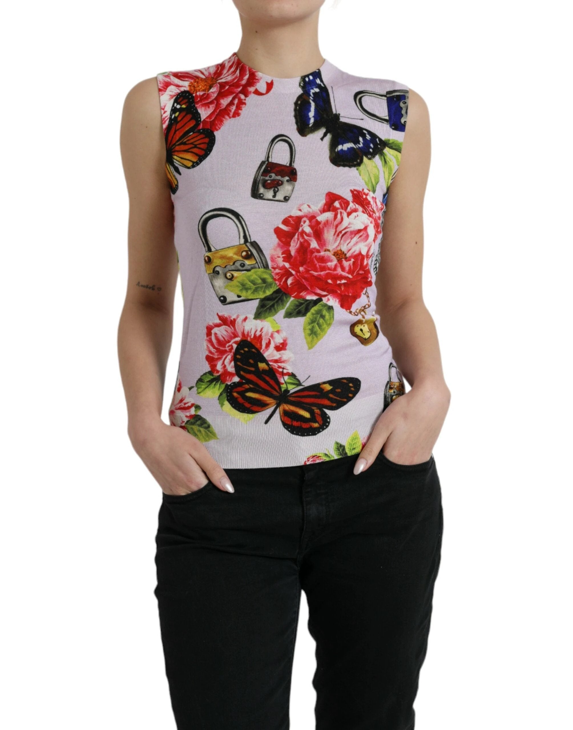 Dolce & Gabbana Multicolor Floral Padlock Butterfly Tank Top by Dolce & Gabbana