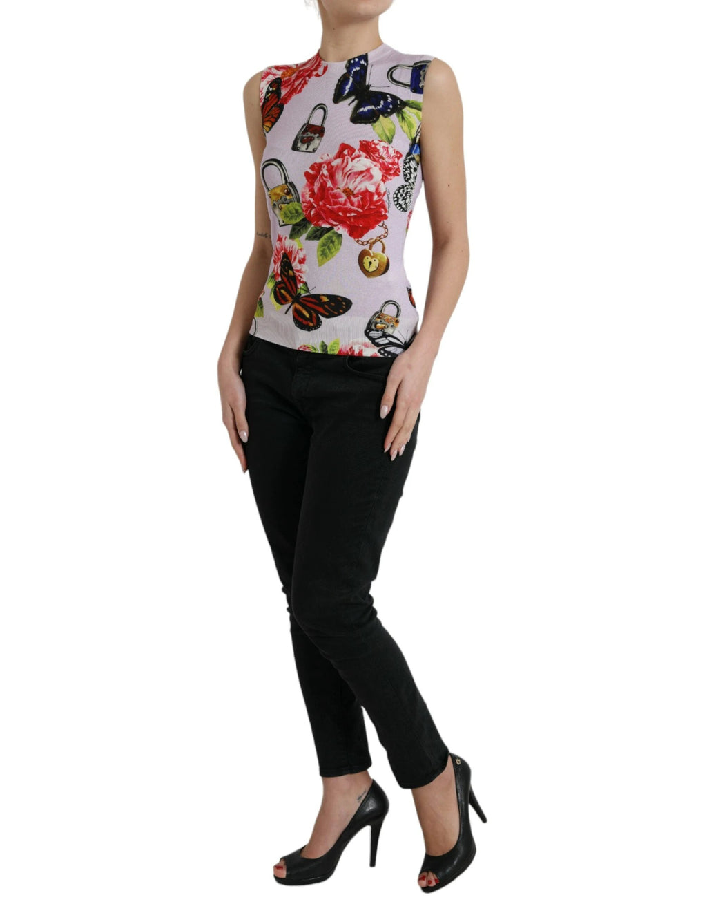 Dolce & Gabbana Multicolor Floral Padlock Butterfly Tank Top by Dolce & Gabbana