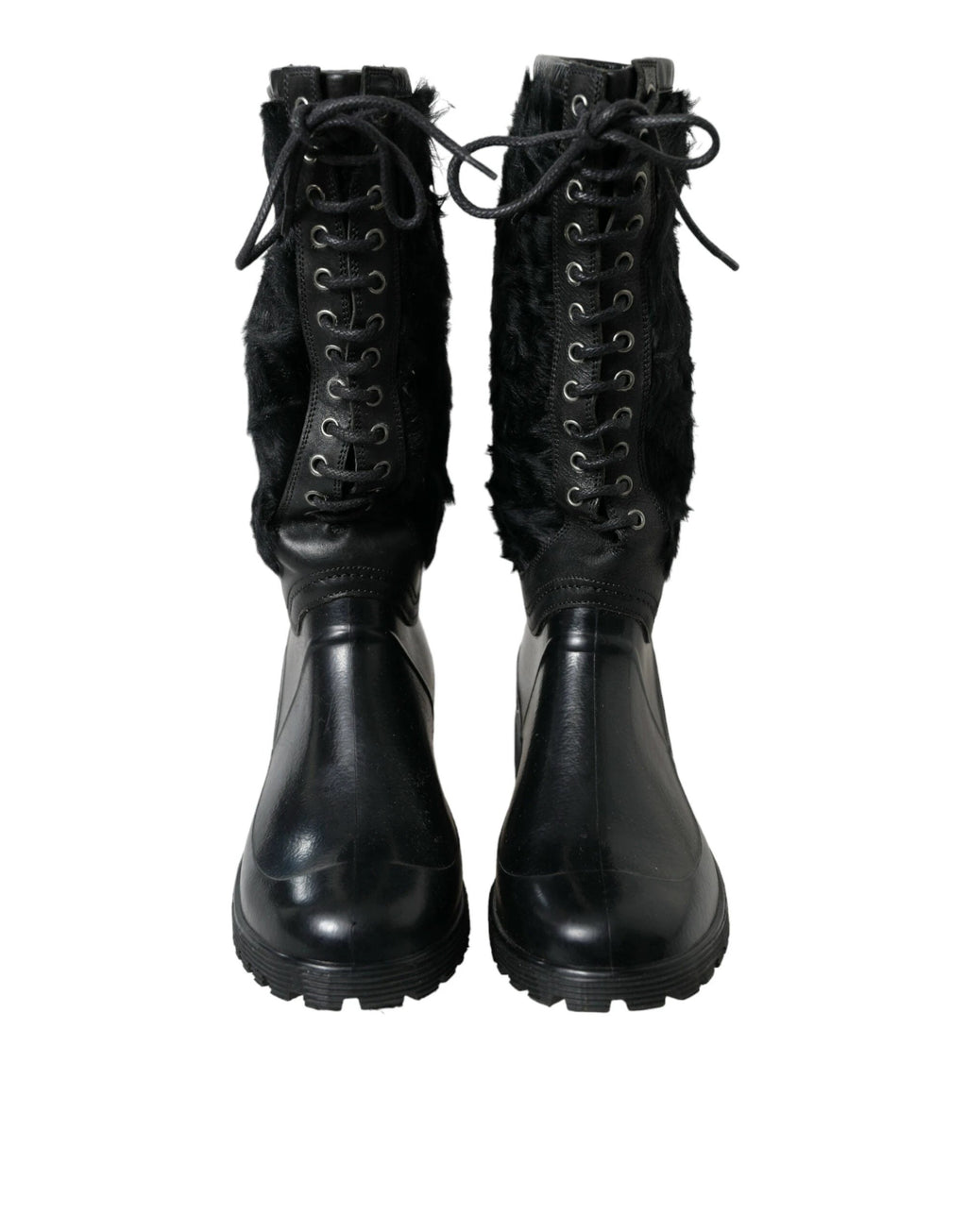 Dolce & Gabbana Black Rubber Lace Up Shearling Rain Boots Shoes by Dolce & Gabbana