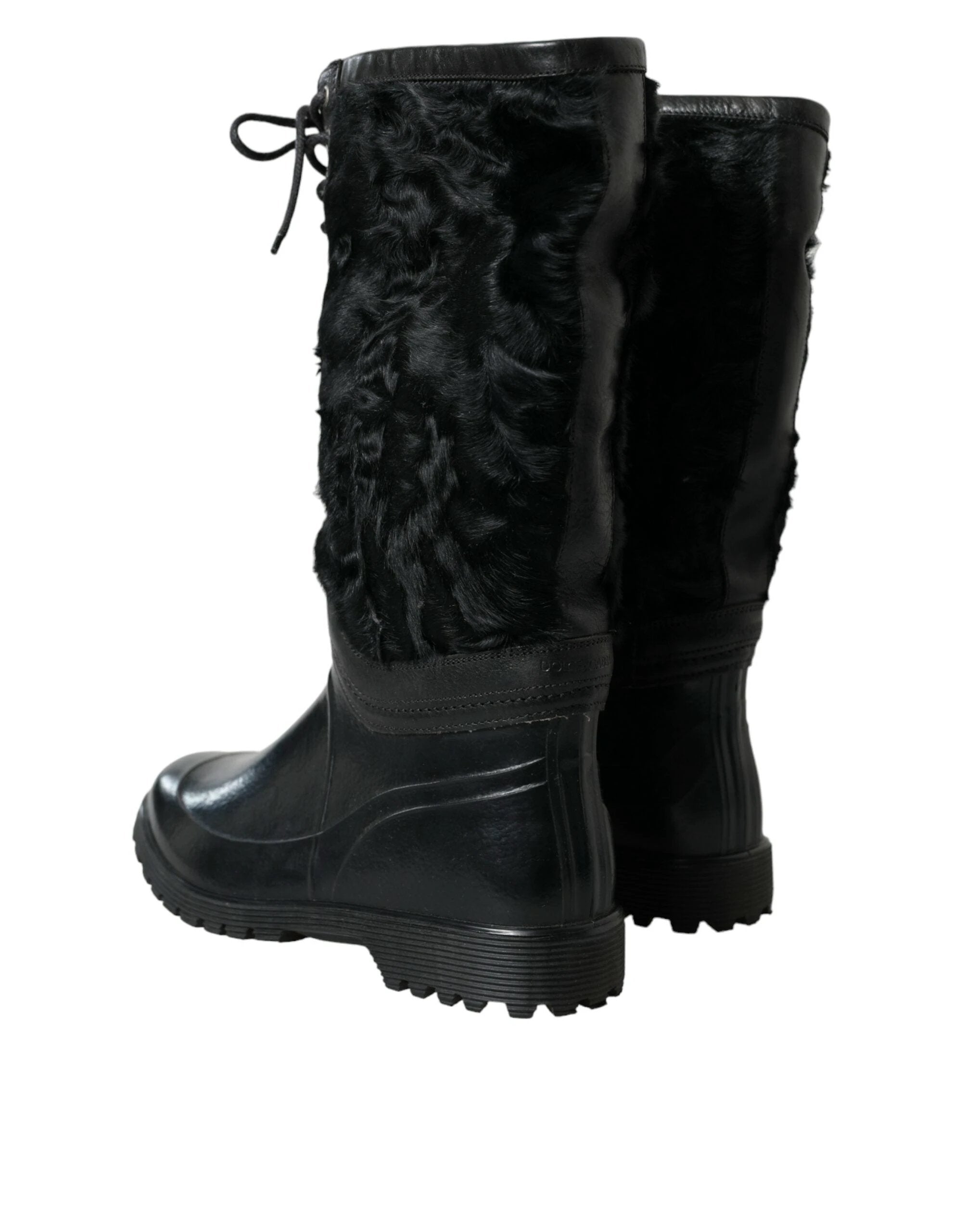 Dolce & Gabbana Black Rubber Lace Up Shearling Rain Boots Shoes by Dolce & Gabbana