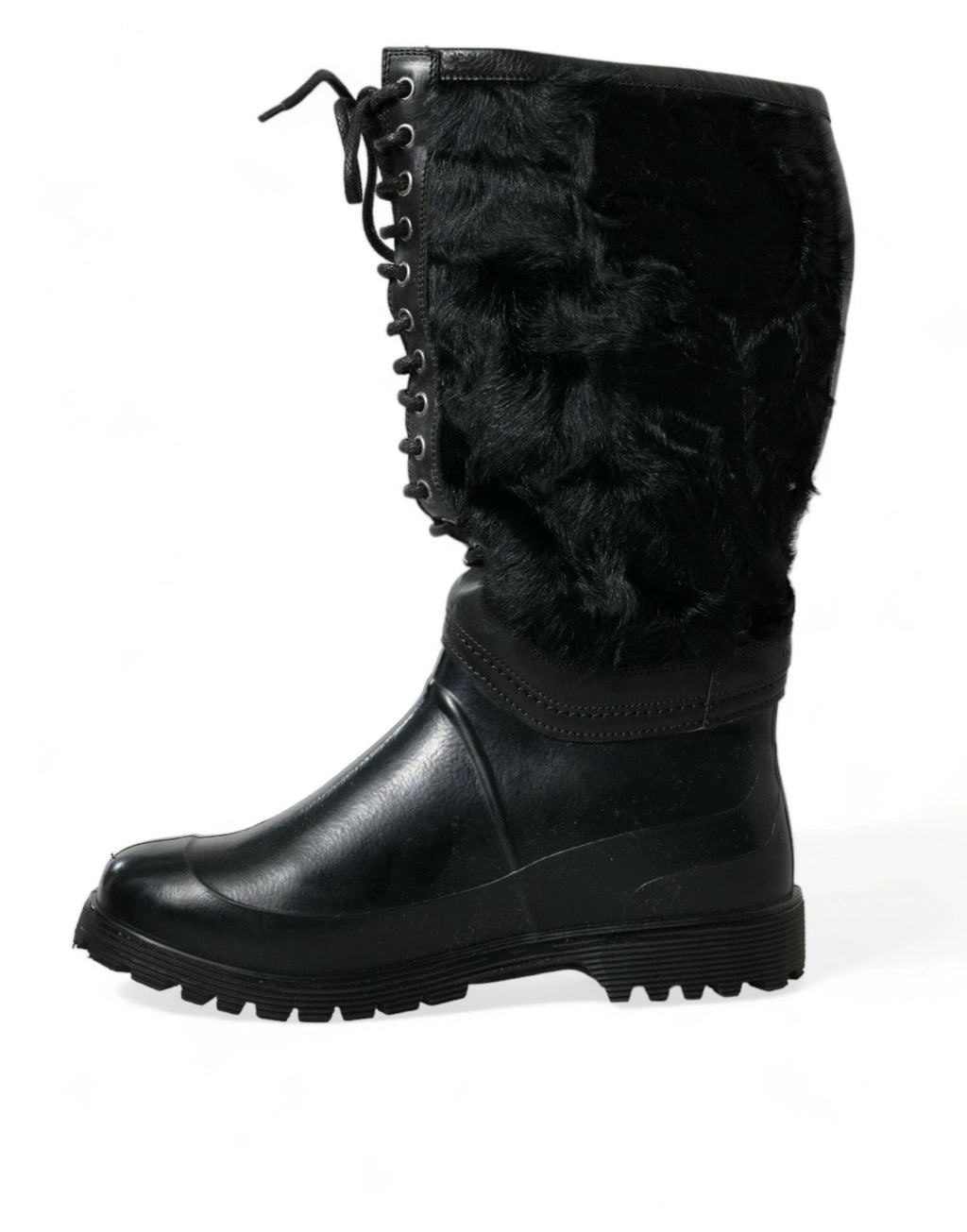 Dolce & Gabbana Black Rubber Lace Up Shearling Rain Boots Shoes by Dolce & Gabbana