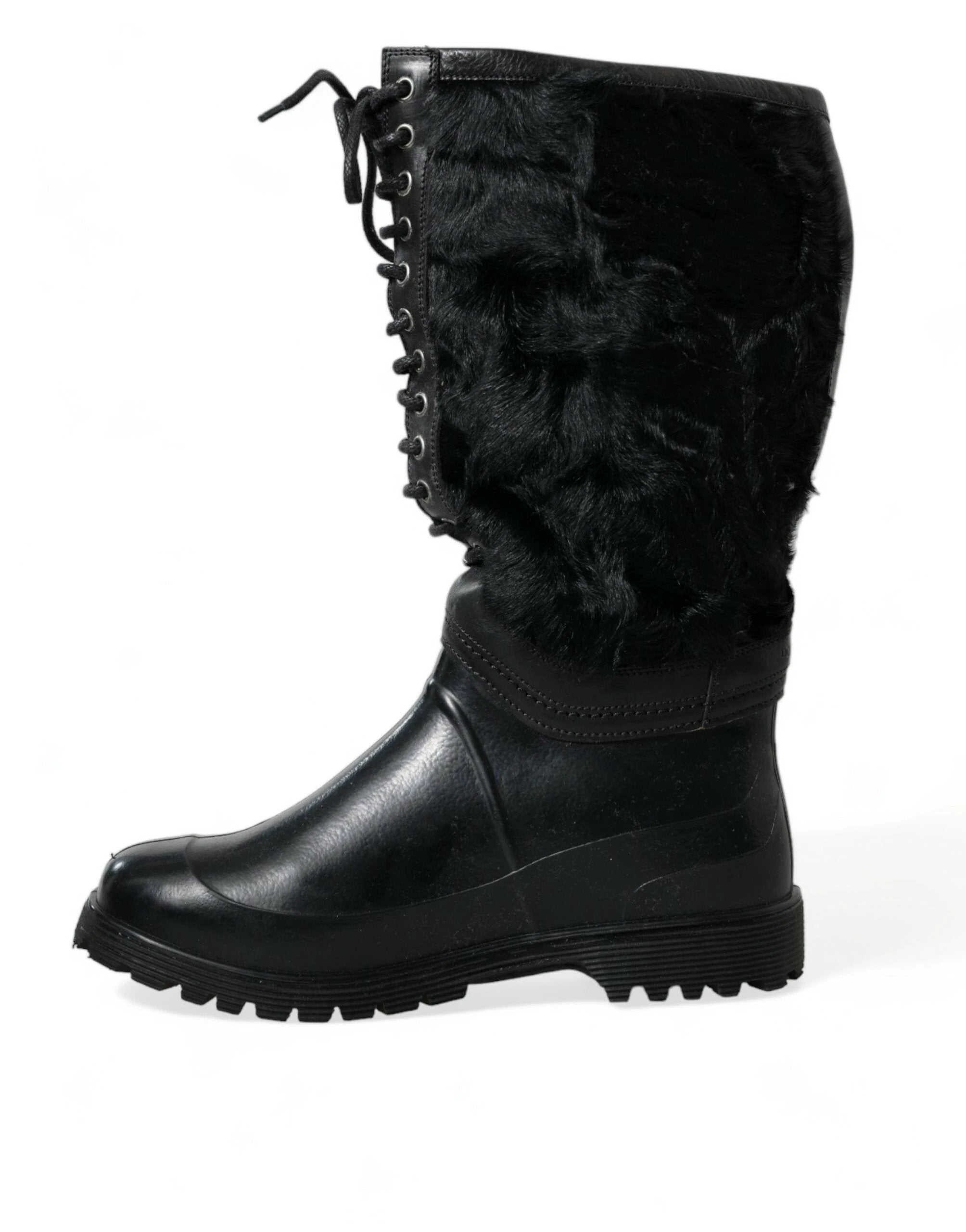 Dolce & Gabbana Black Rubber Lace Up Shearling Rain Boots Shoes by Dolce & Gabbana