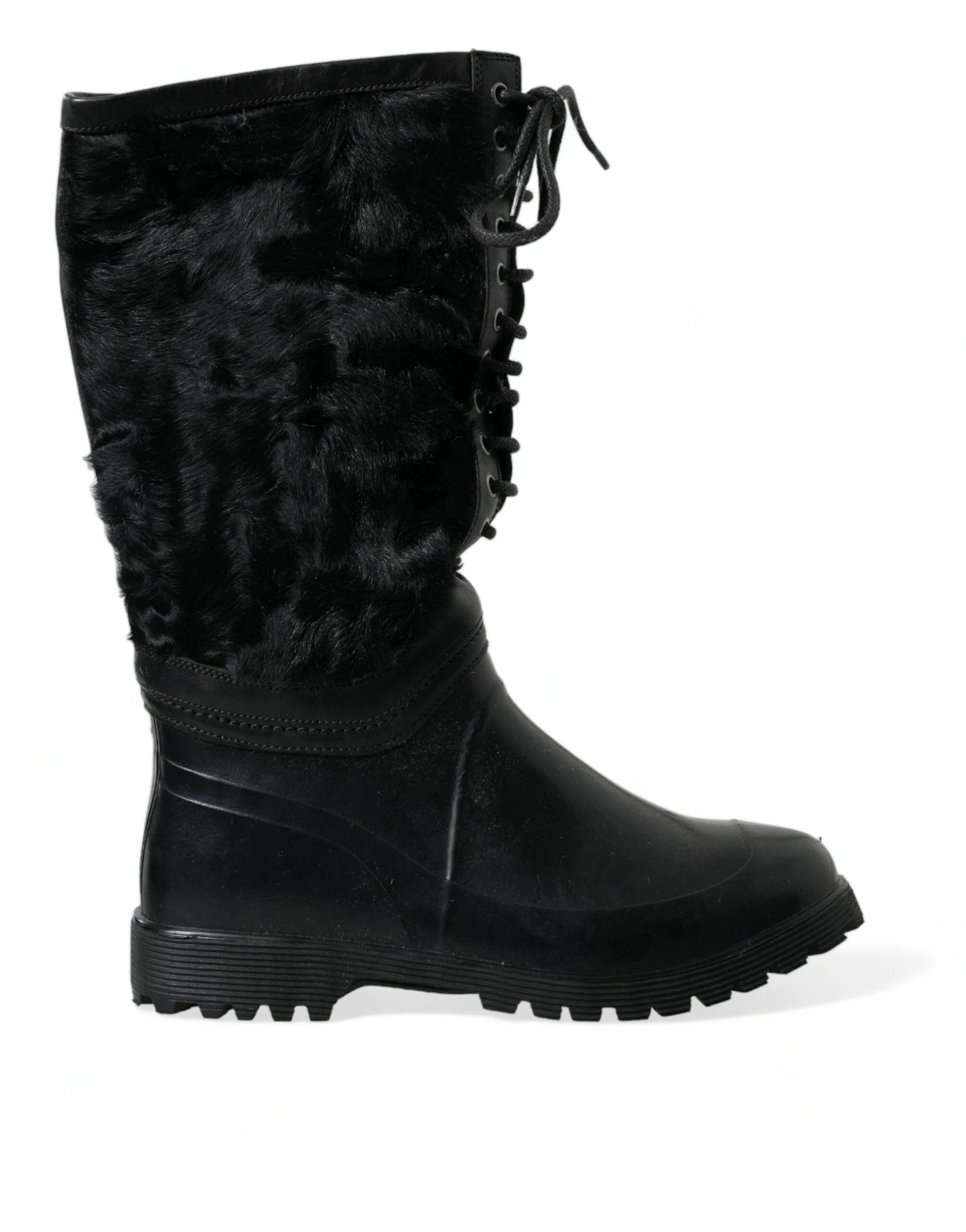 Dolce & Gabbana Black Rubber Lace Up Shearling Rain Boots Shoes by Dolce & Gabbana