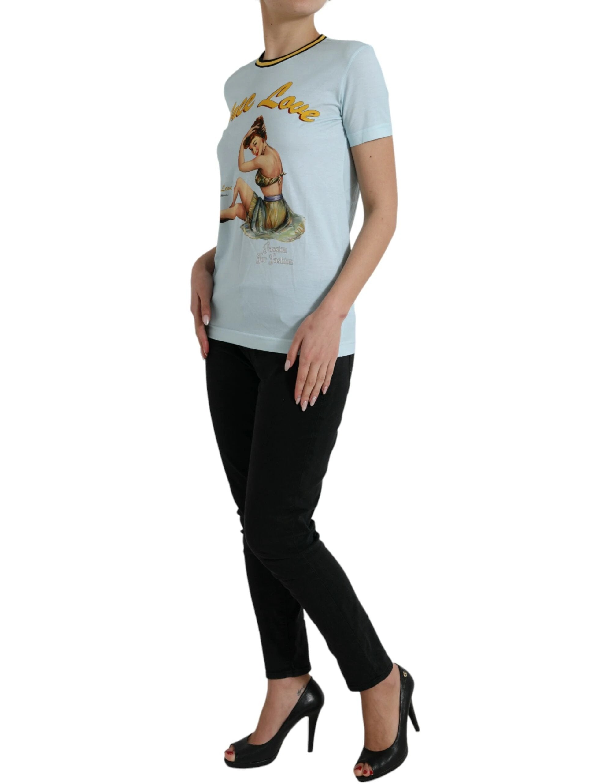 Dolce & Gabbana Light Blue Cotton Free Love Crew Neck T-shirt by Dolce & Gabbana