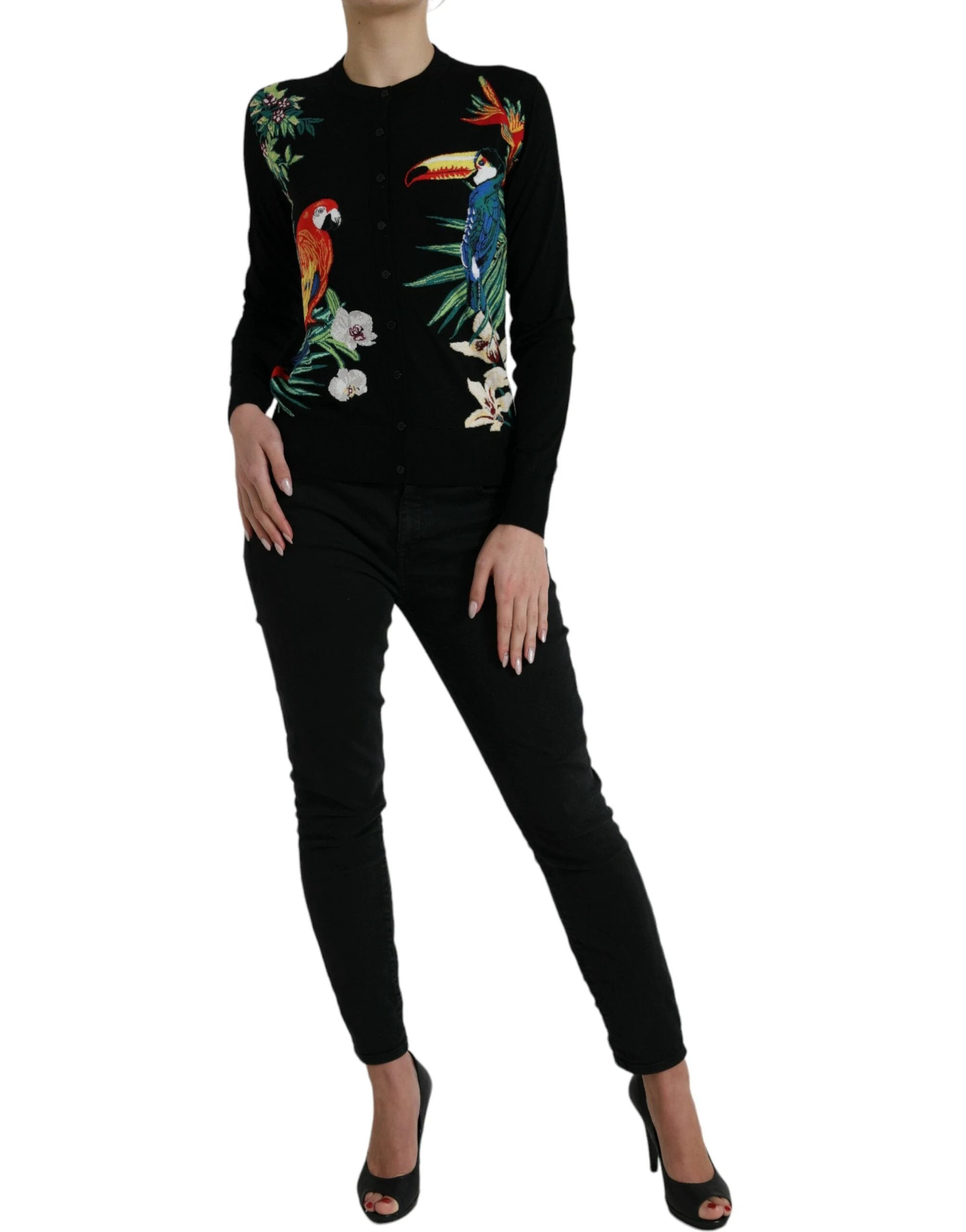 Dolce & Gabbana Black Bird Wool Long Sleeve Cardigan Sweater by Dolce & Gabbana