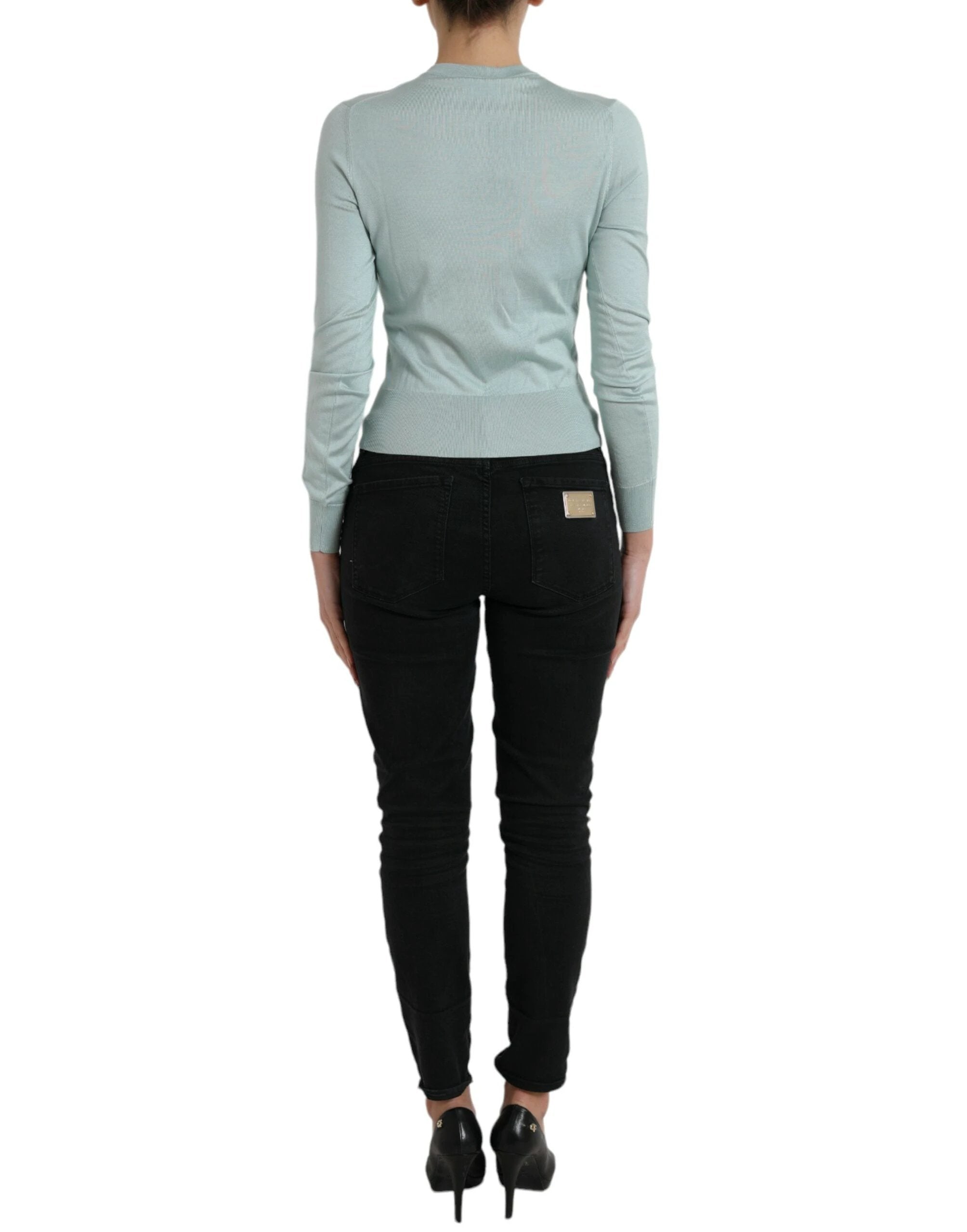 Dolce & Gabbana Light Blue Silk Crew Neck Cardigan Sweater by Dolce & Gabbana