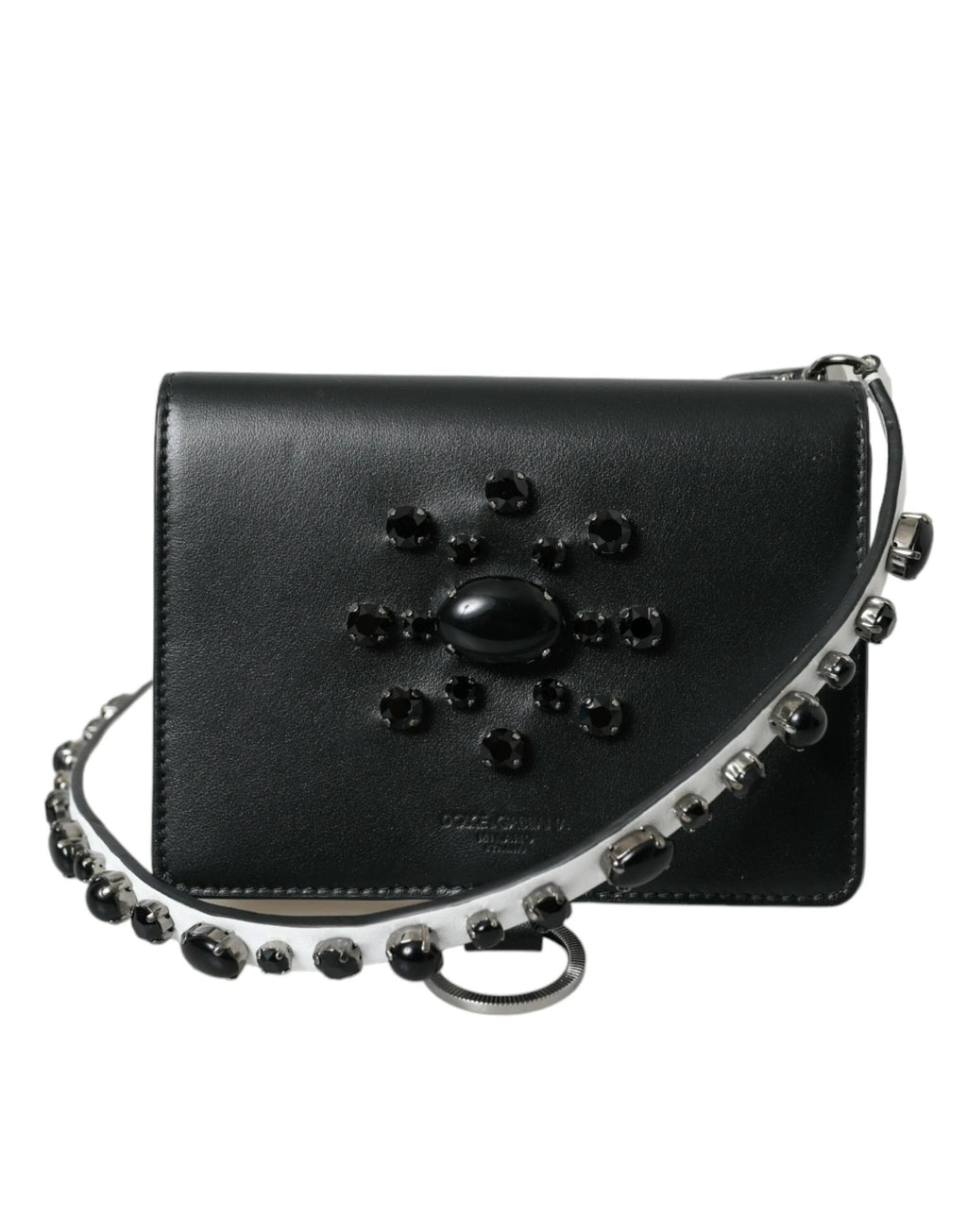 Dolce & Gabbana Black White Leather Crystal Embellished Cardholder Wallet by Dolce & Gabbana