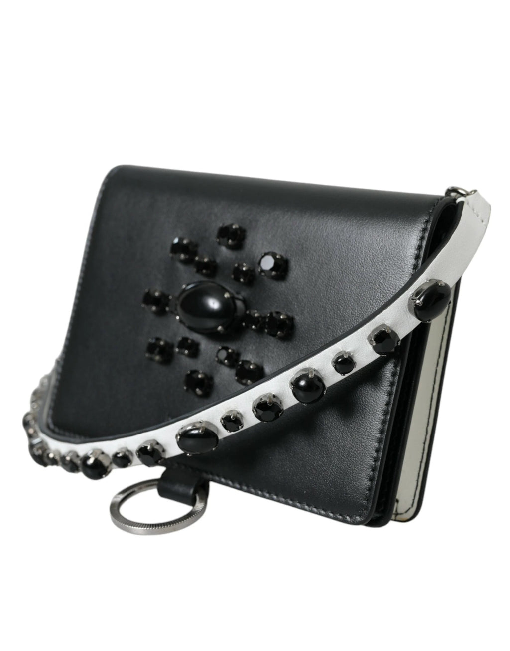Dolce & Gabbana Black White Leather Crystal Embellished Cardholder Wallet by Dolce & Gabbana