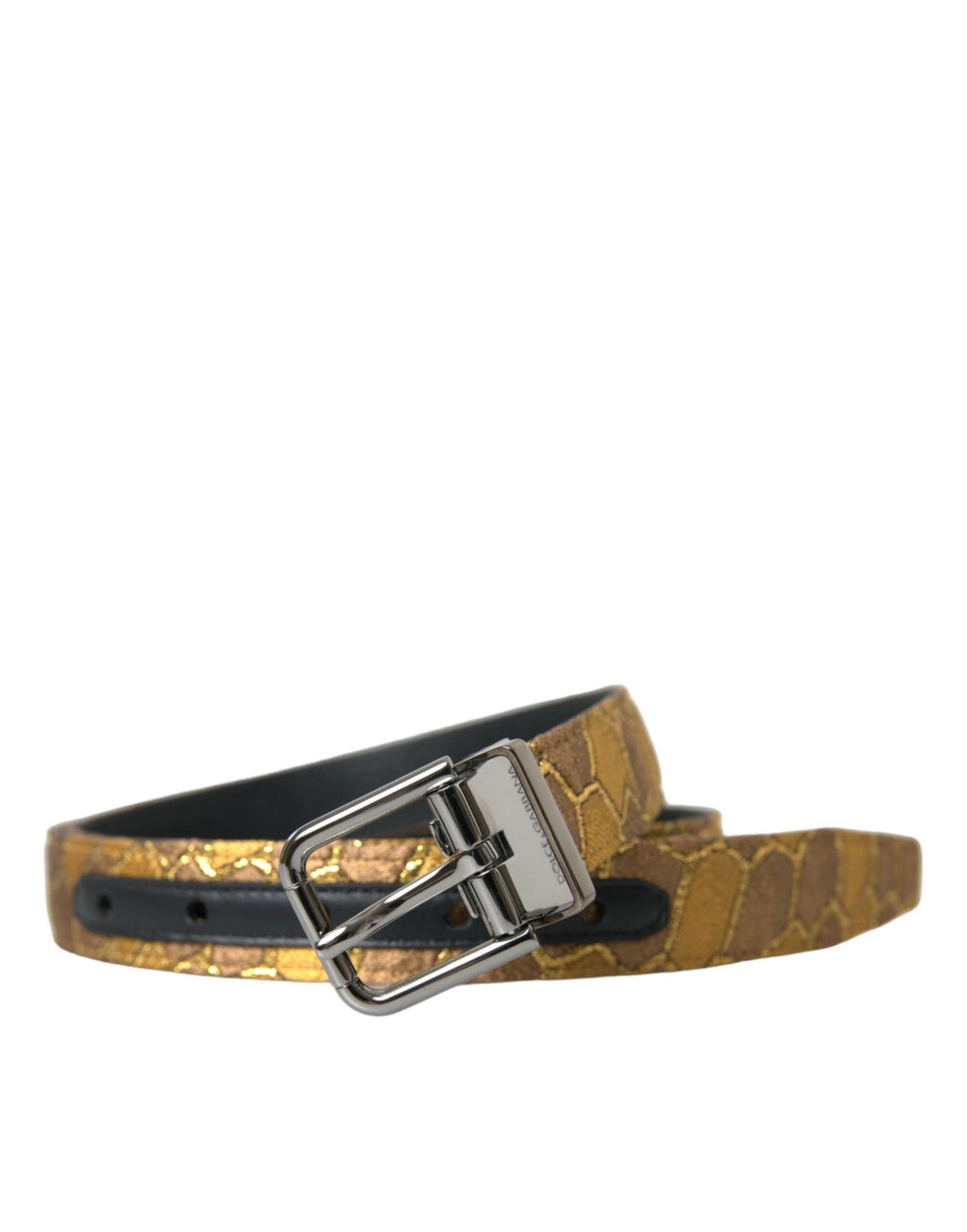 Dolce & Gabbana Gold Leather Jacquard Silver Metal Buckle Belt by Dolce & Gabbana