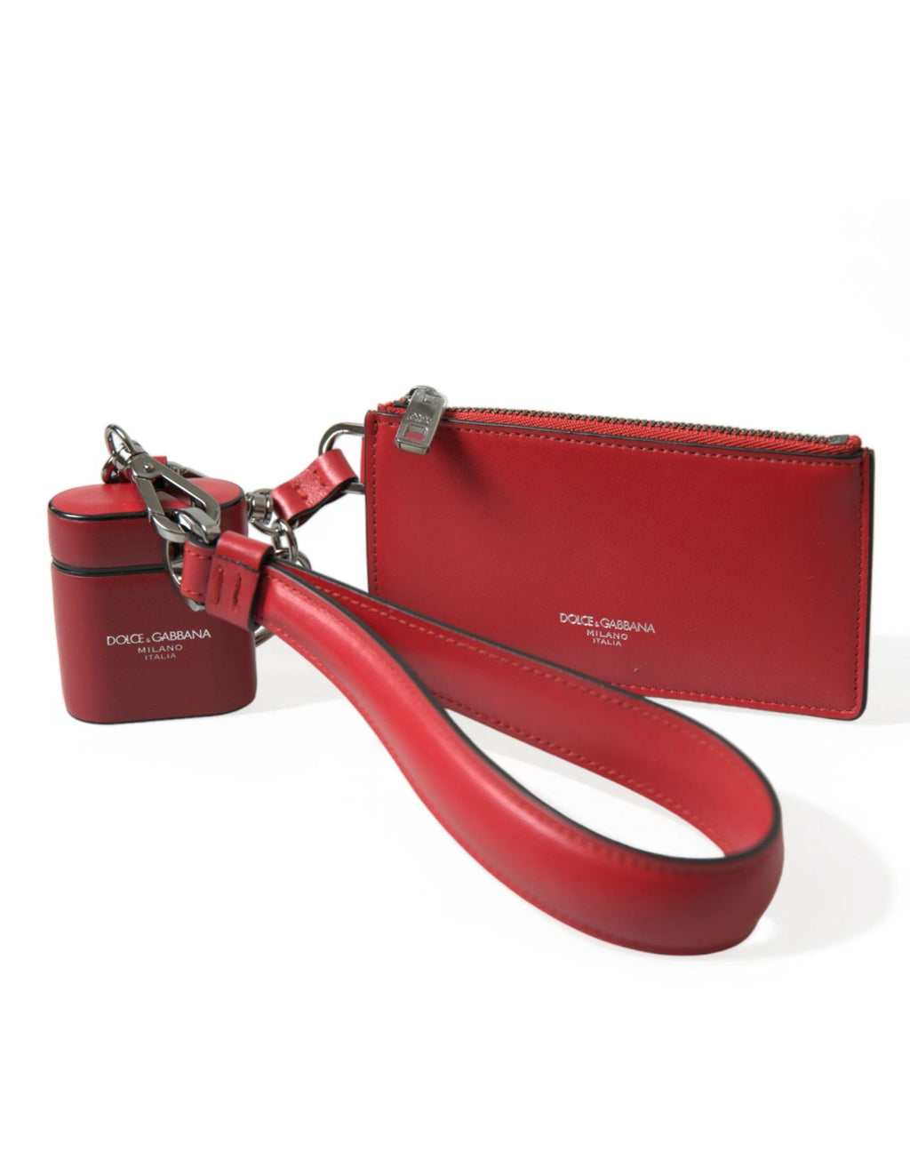 Dolce & Gabbana Red Leather Silver Metal Logo Strap Pouch Airpods Case by Dolce & Gabbana