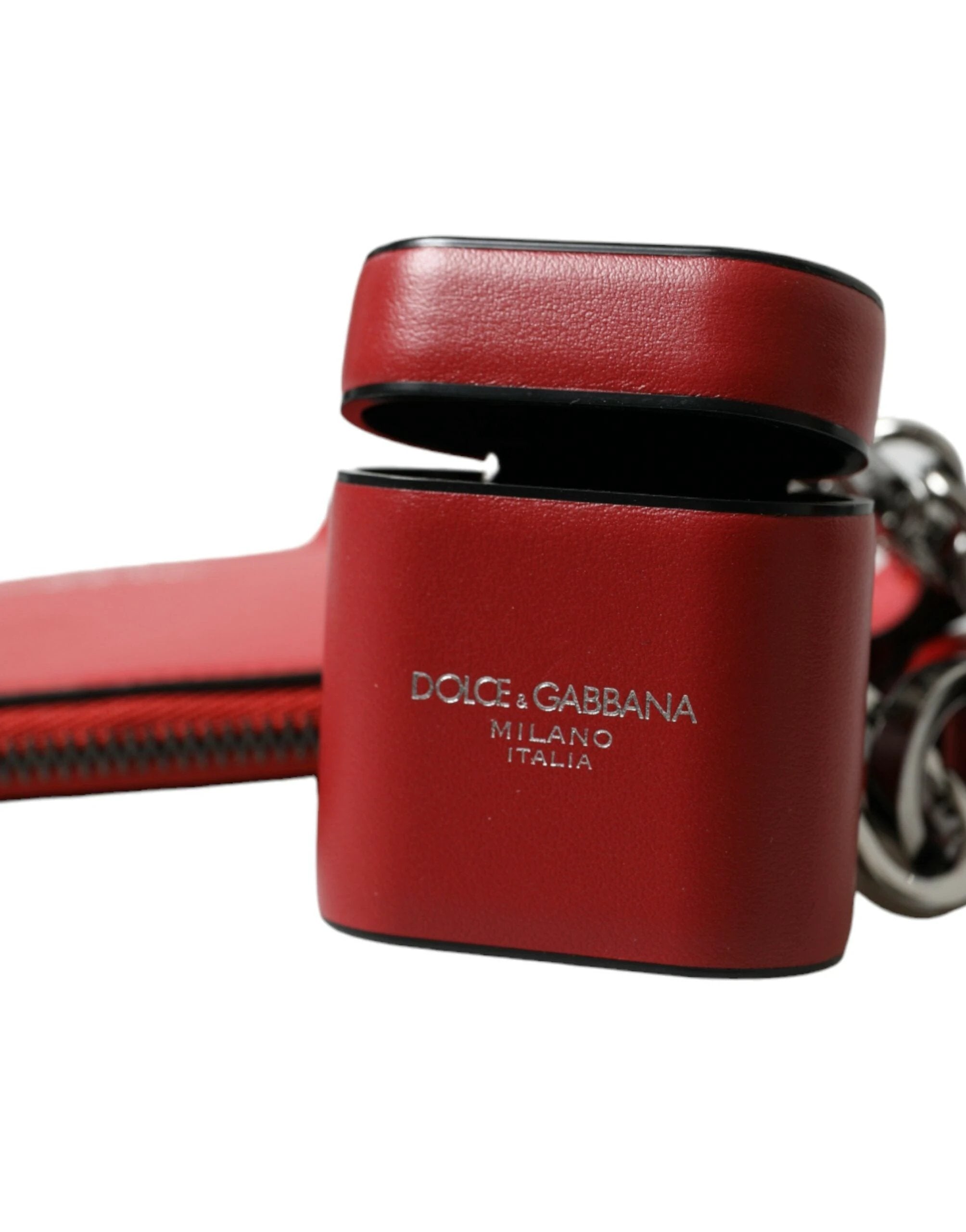 Dolce & Gabbana Red Leather Silver Metal Logo Strap Pouch Airpods Case by Dolce & Gabbana