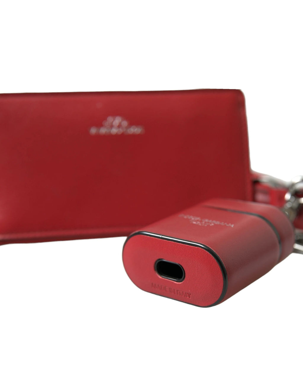 Dolce & Gabbana Red Leather Silver Metal Logo Strap Pouch Airpods Case by Dolce & Gabbana