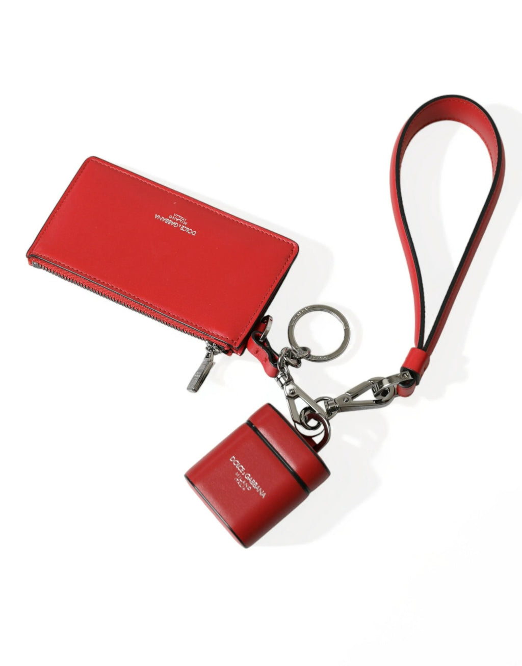 Dolce & Gabbana Red Leather Silver Metal Logo Strap Pouch Airpods Case by Dolce & Gabbana