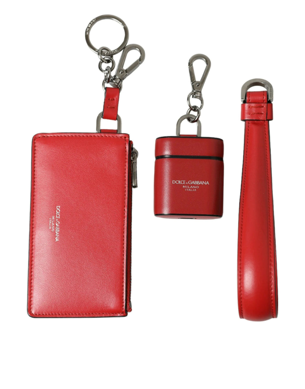 Dolce & Gabbana Red Leather Silver Metal Logo Strap Pouch Airpods Case by Dolce & Gabbana
