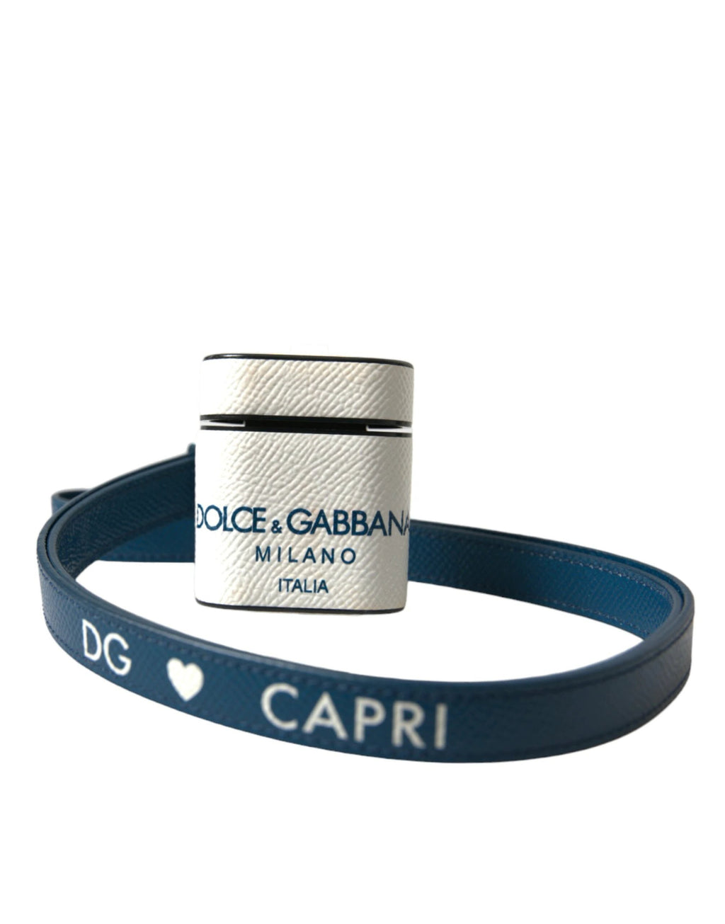 Dolce & Gabbana White Blue Calf Leather Logo Print Strap Airpods Case by Dolce & Gabbana