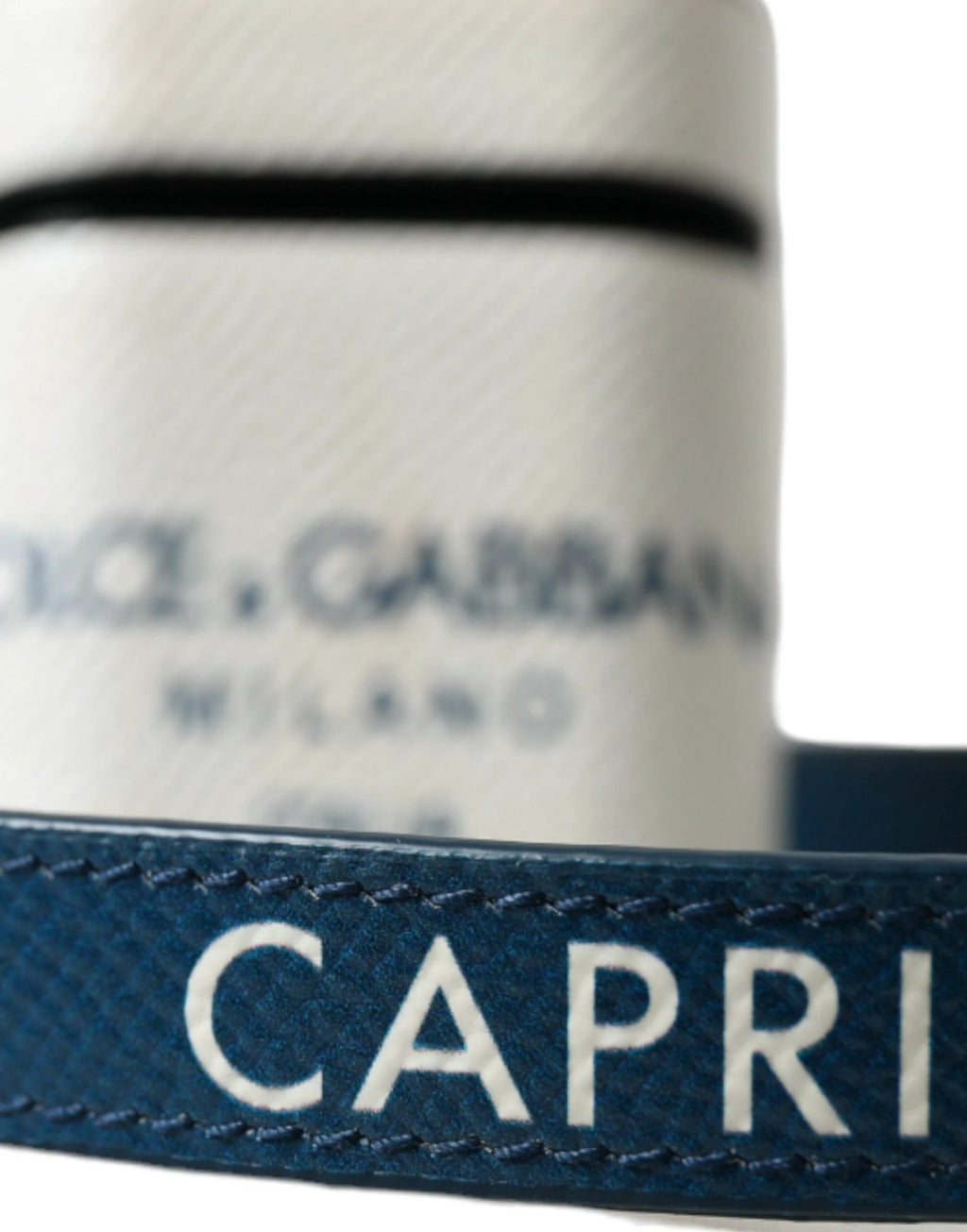 Dolce & Gabbana White Blue Calf Leather Logo Print Strap Airpods Case by Dolce & Gabbana