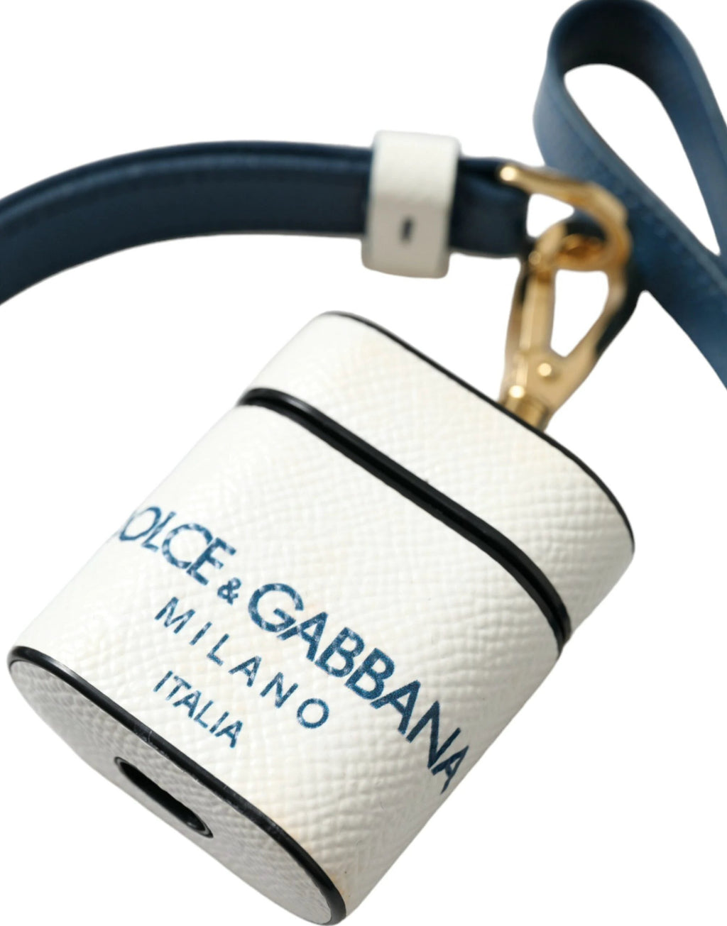 Dolce & Gabbana White Blue Calf Leather Logo Print Strap Airpods Case by Dolce & Gabbana