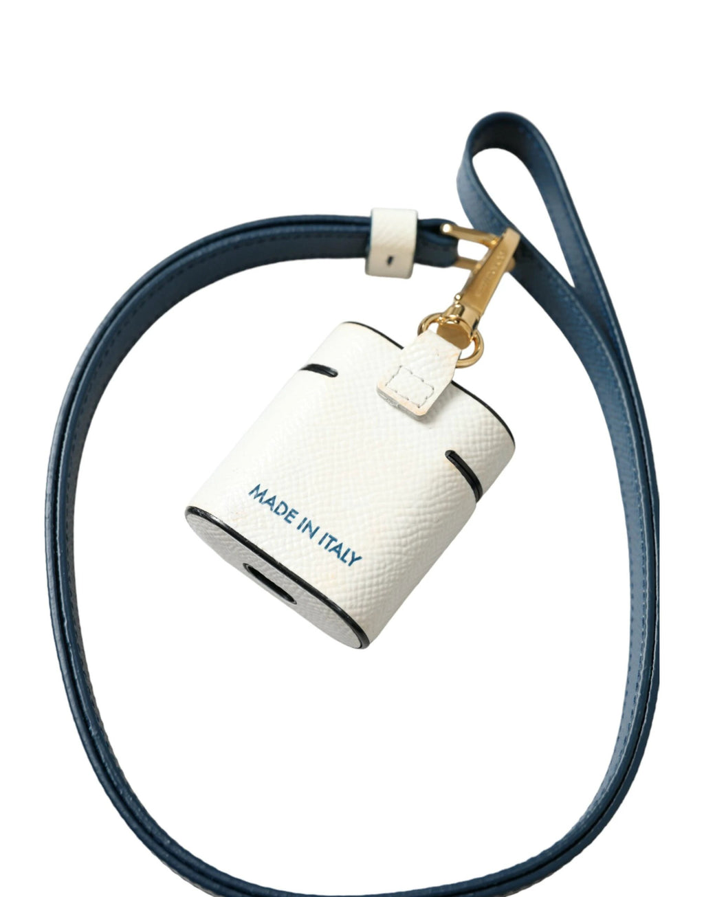 Dolce & Gabbana White Blue Calf Leather Logo Print Strap Airpods Case by Dolce & Gabbana