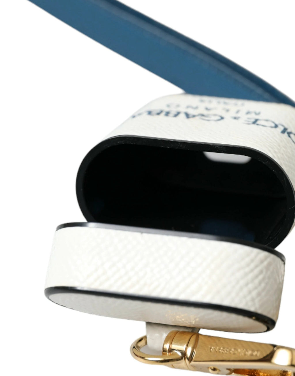 Dolce & Gabbana White Blue Calf Leather Logo Print Strap Airpods Case by Dolce & Gabbana