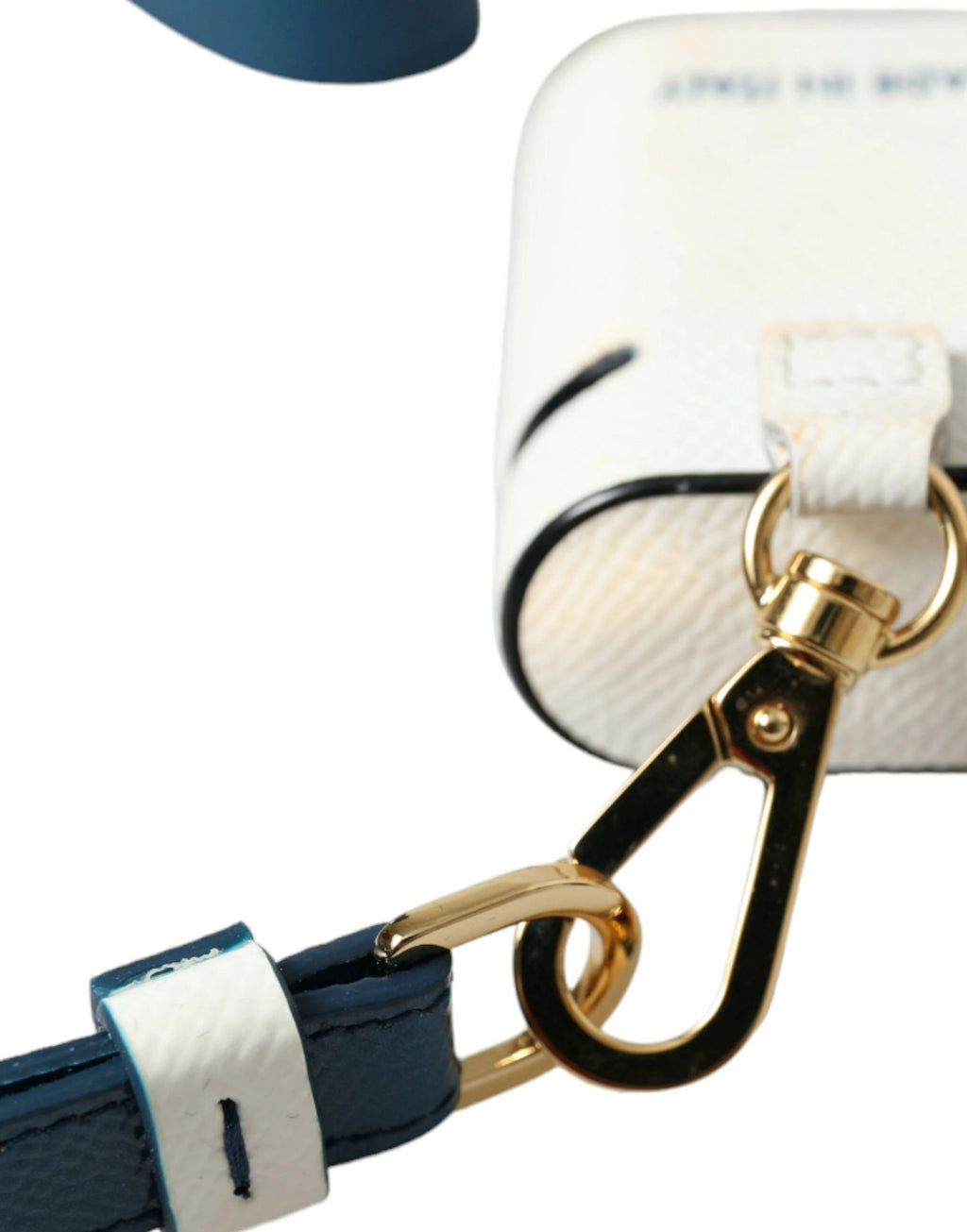 Dolce & Gabbana White Blue Calf Leather Logo Print Strap Airpods Case by Dolce & Gabbana