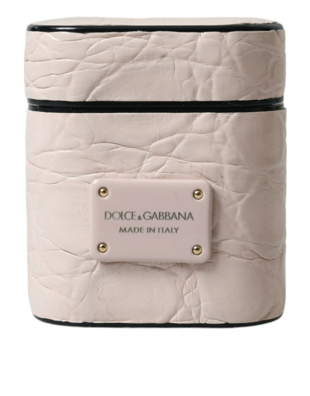 Dolce & Gabbana Light Pink Calf Leather Metal Logo Plaque Airpods Case by Dolce & Gabbana