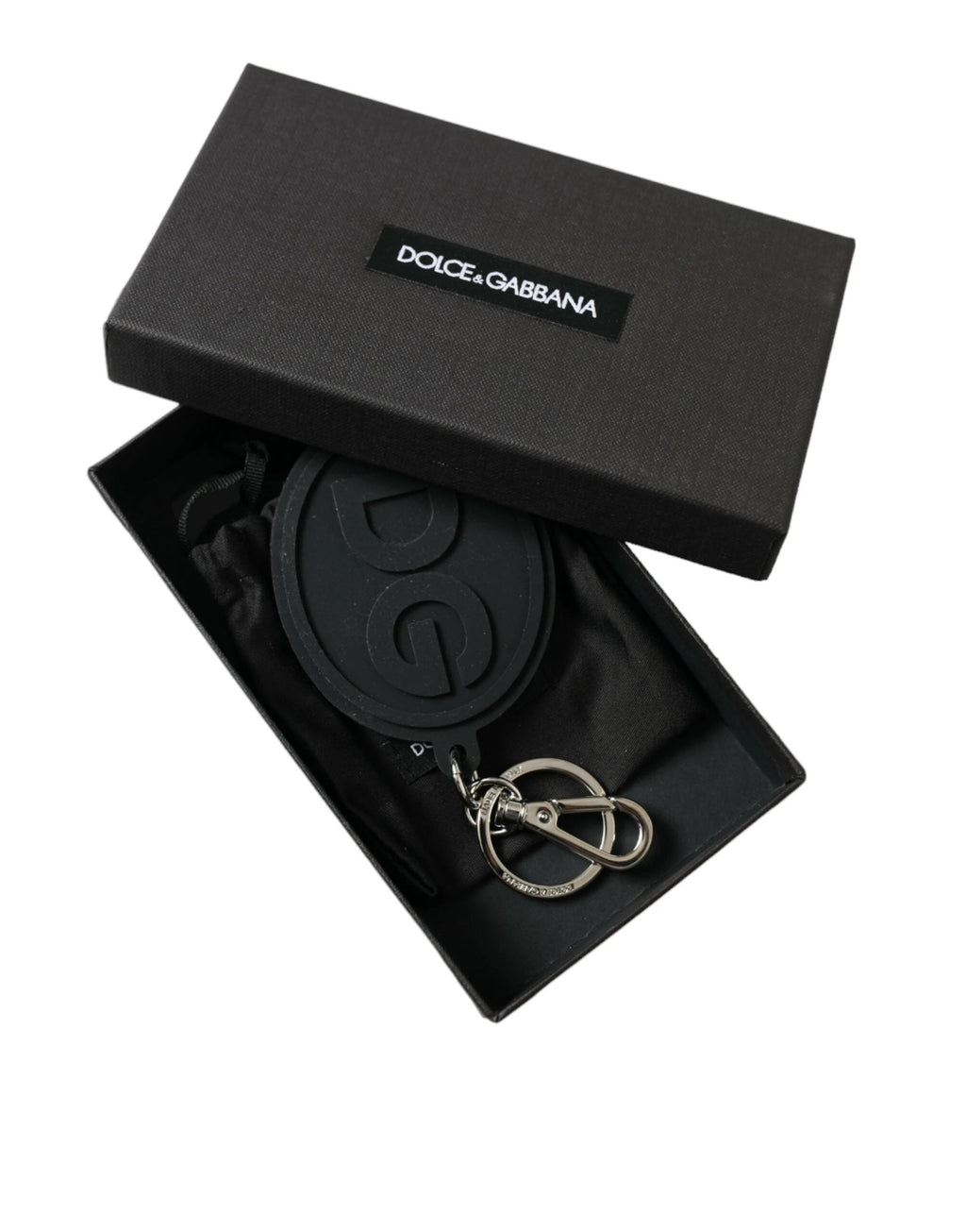 Dolce & Gabbana Black Rubber DG Logo Silver Brass Metal Keyring Keychain by Dolce & Gabbana