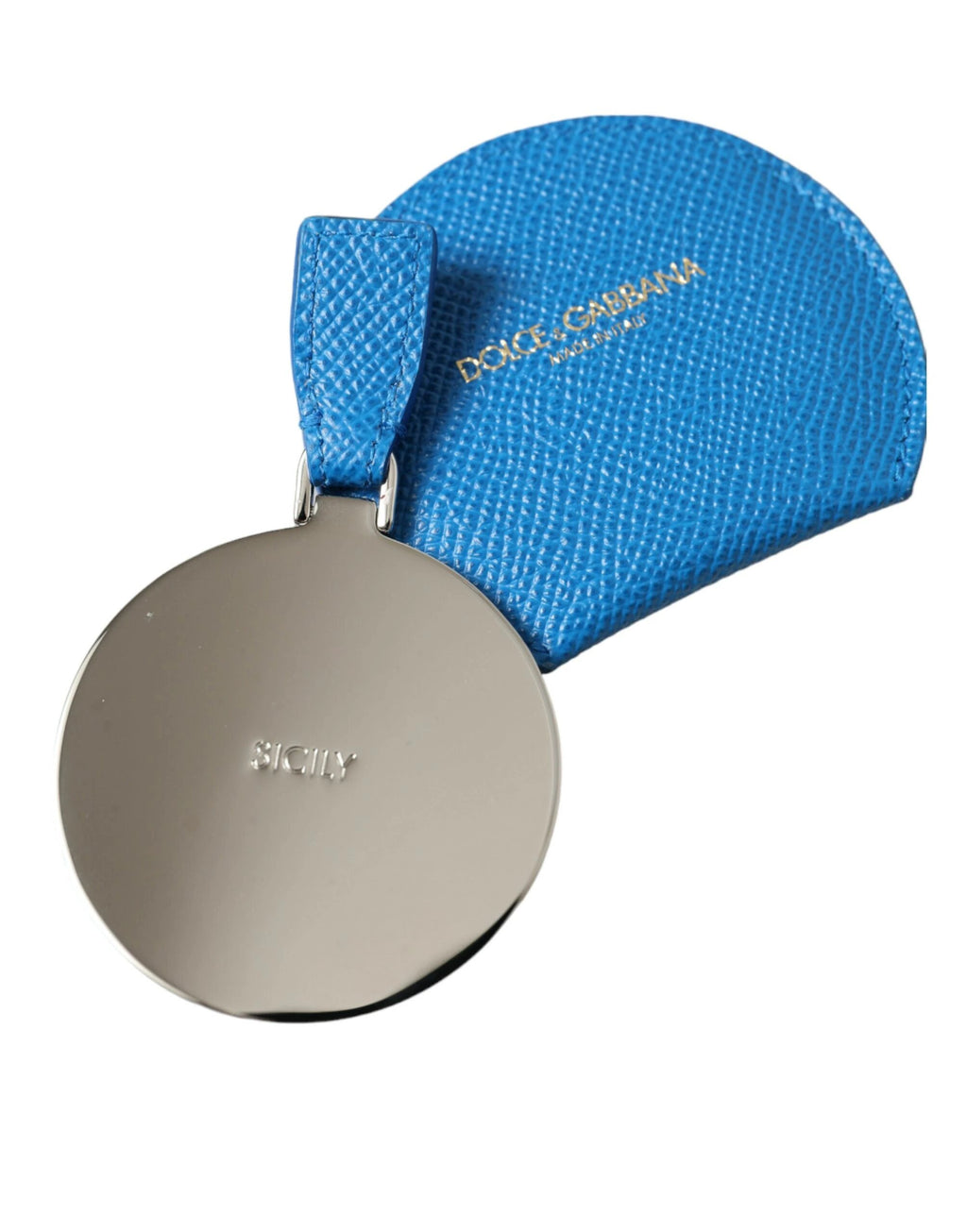 Dolce & Gabbana Blue Calfskin Leather Round Logo Hand Mirror Holder by Dolce & Gabbana