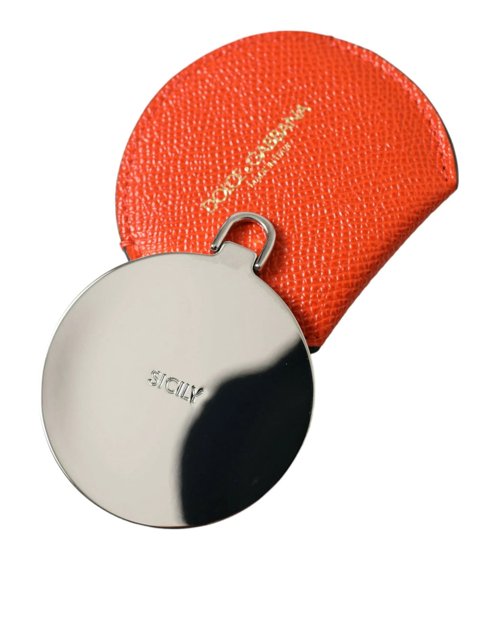 Dolce & Gabbana Orange Calfskin Leather Round Logo Hand Mirror Holder by Dolce & Gabbana