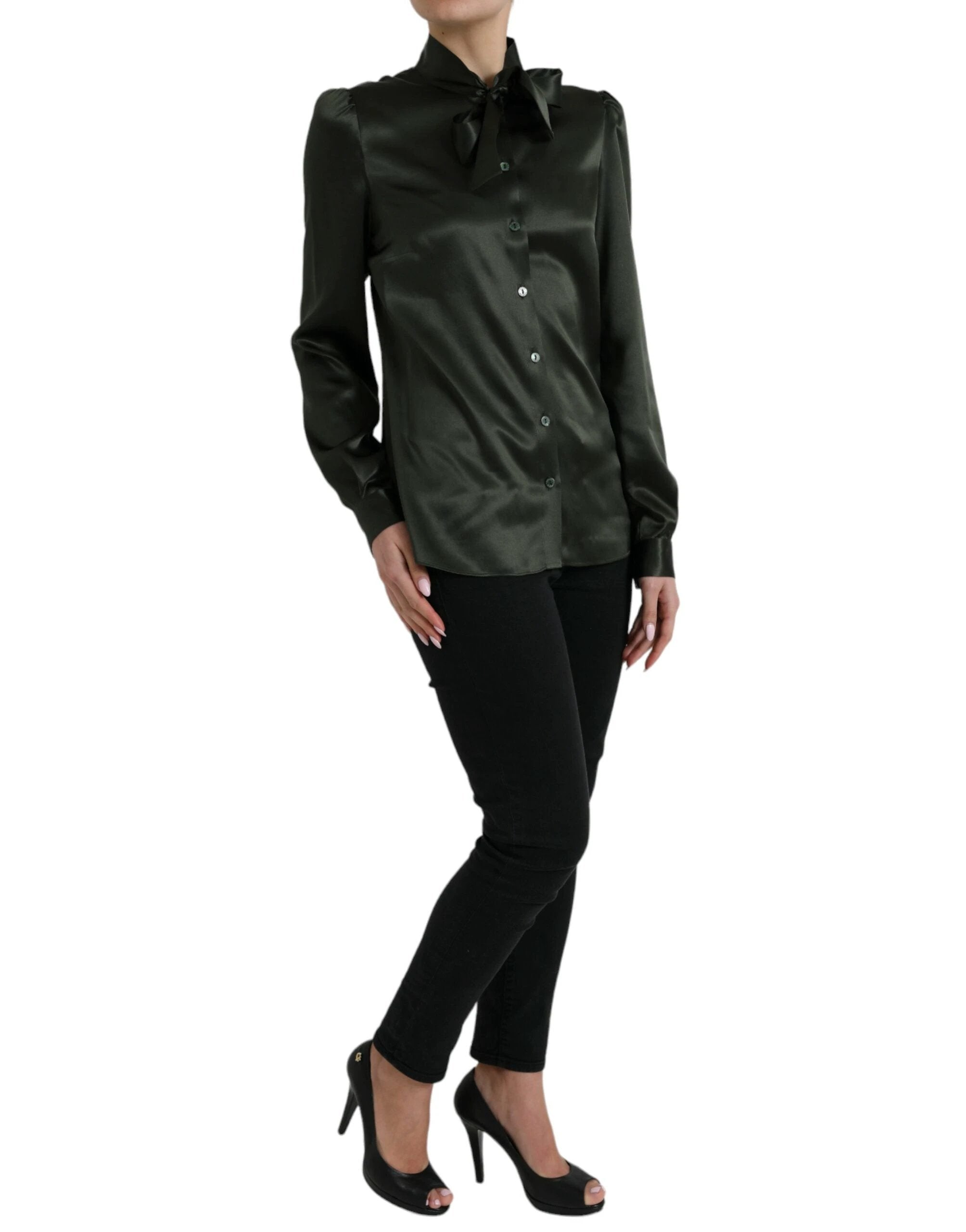 Dolce & Gabbana Gray Long Sleeves Ascot Collar Blouse Top by Dolce & Gabbana
