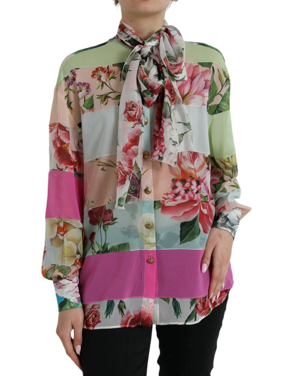 Dolce & Gabbana Multicolor Floral Patchwork Ascot Collar Top by Dolce & Gabbana