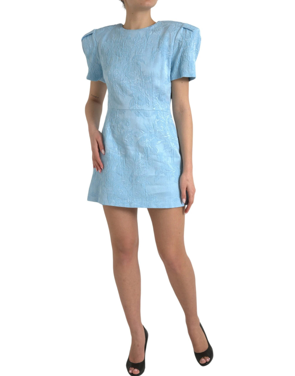 Dolce & Gabbana Light Blue Floral Jacquard Puff Sleeve Mini Dress by Dolce & Gabbana