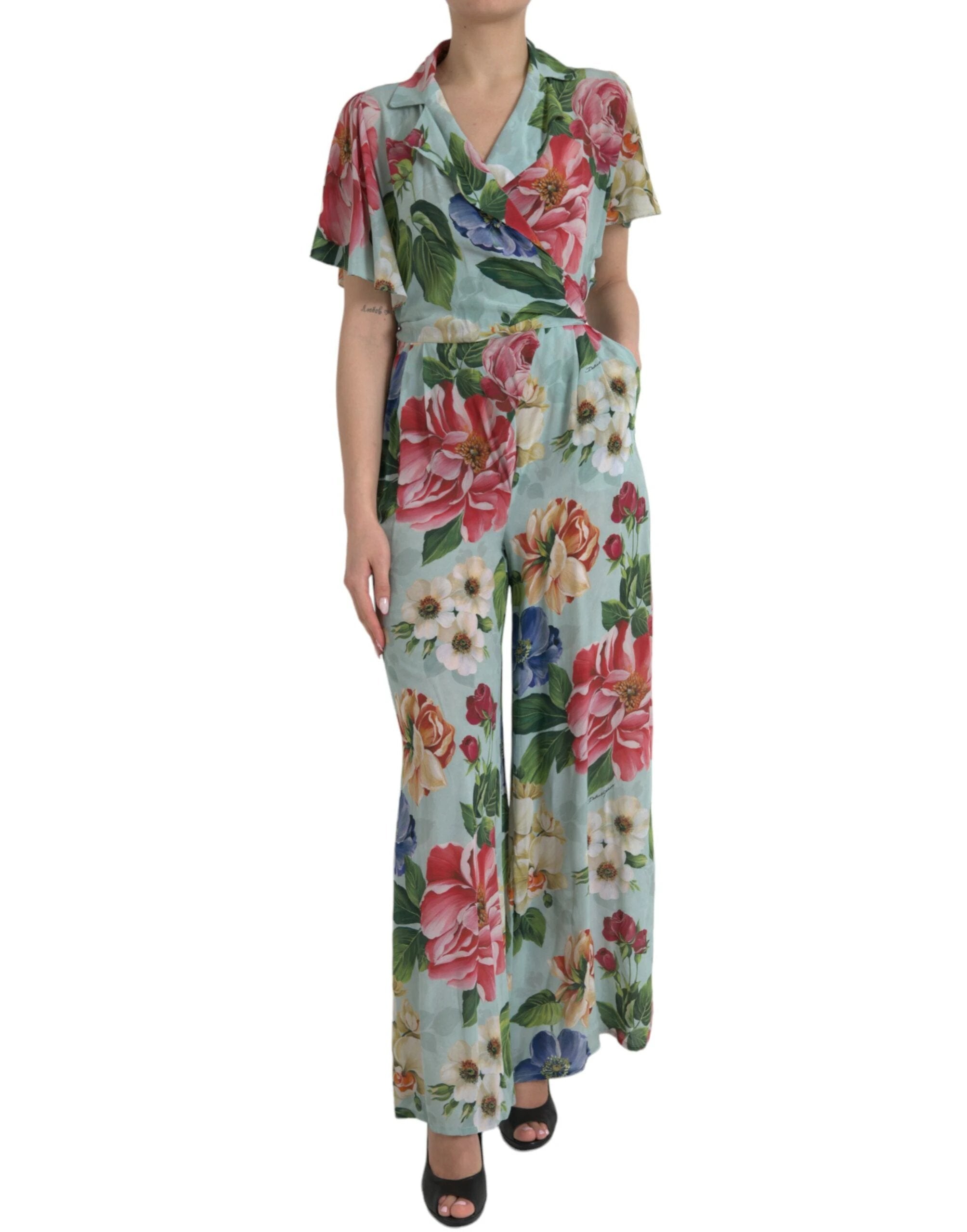 Dolce & Gabbana Blue Floral Wide Leg Wrap Jumpsuit Dress by Dolce & Gabbana