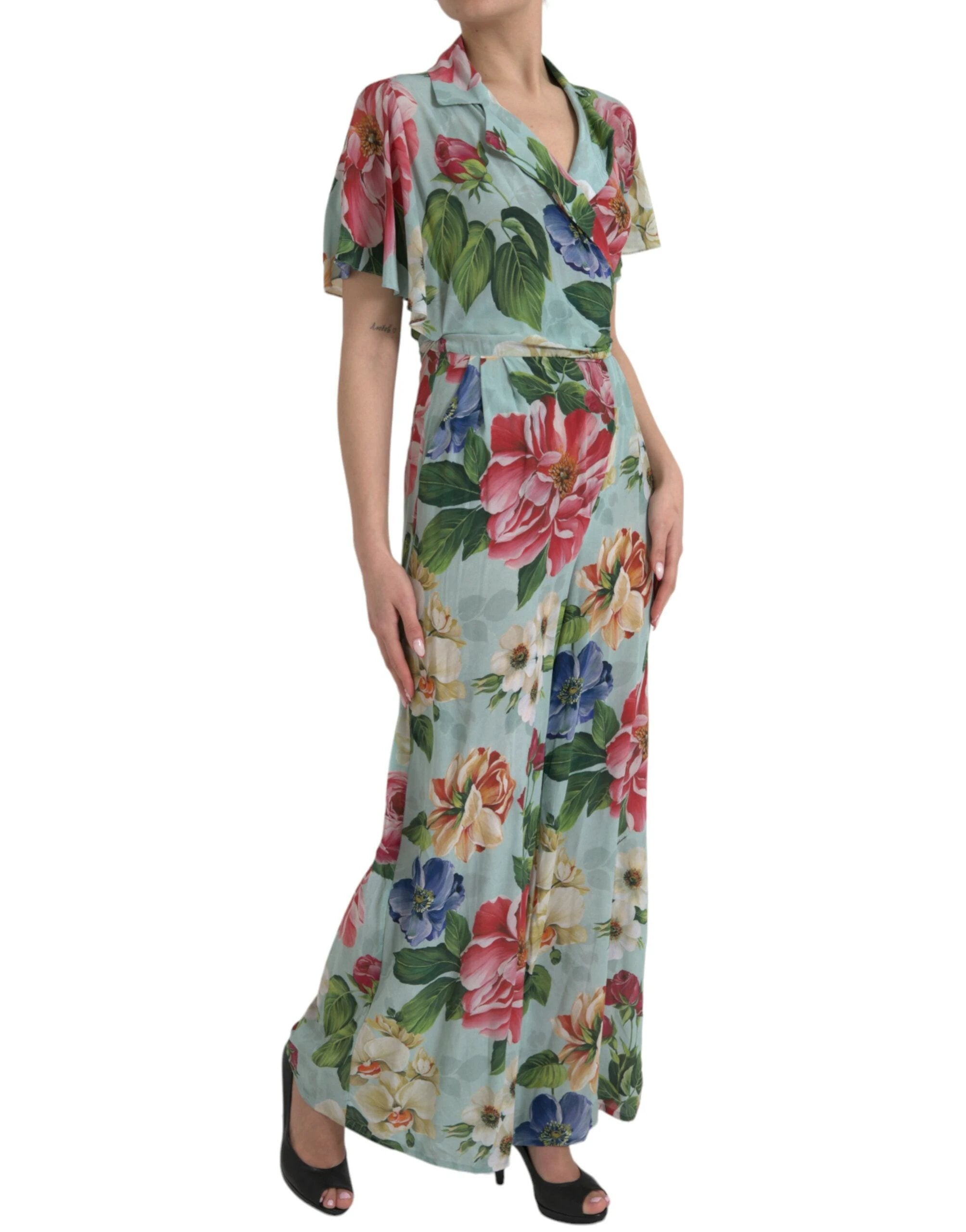 Dolce & Gabbana Blue Floral Wide Leg Wrap Jumpsuit Dress by Dolce & Gabbana