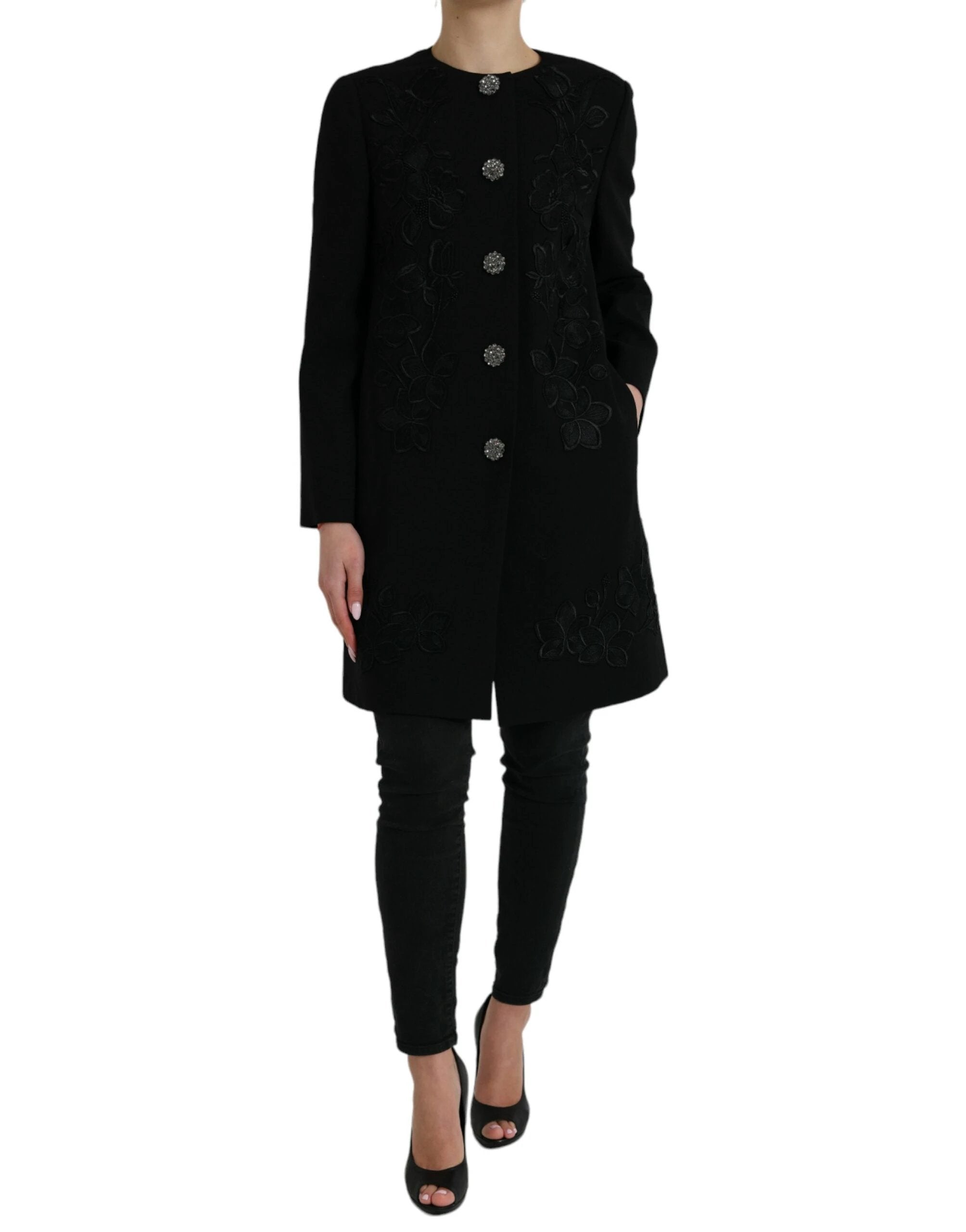 Dolce & Gabbana Black Floral Wool Button Embellished Jacket by Dolce & Gabbana