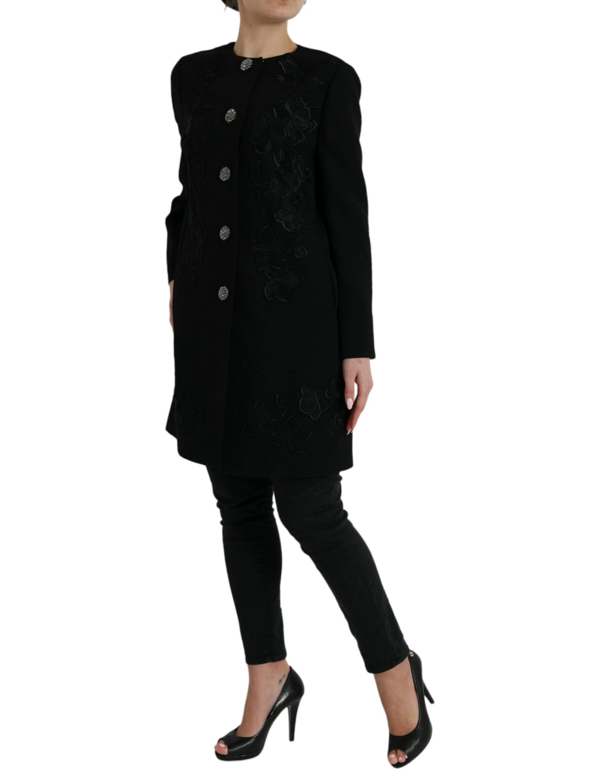 Dolce & Gabbana Black Floral Wool Button Embellished Jacket by Dolce & Gabbana