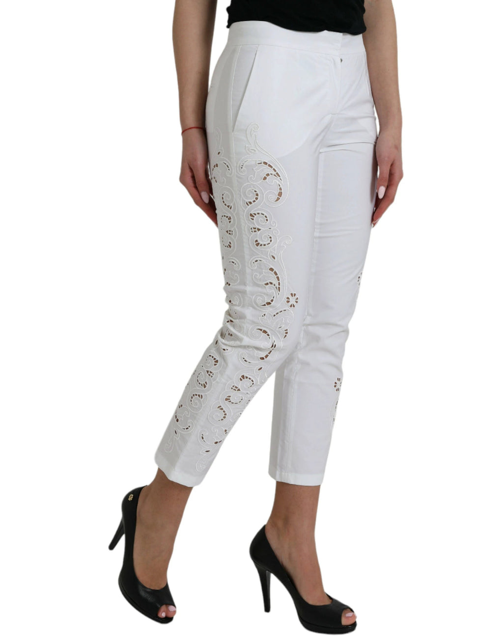 Dolce & Gabbana White Cut Out Cotton Mid Waist Cropped Pants by Dolce & Gabbana