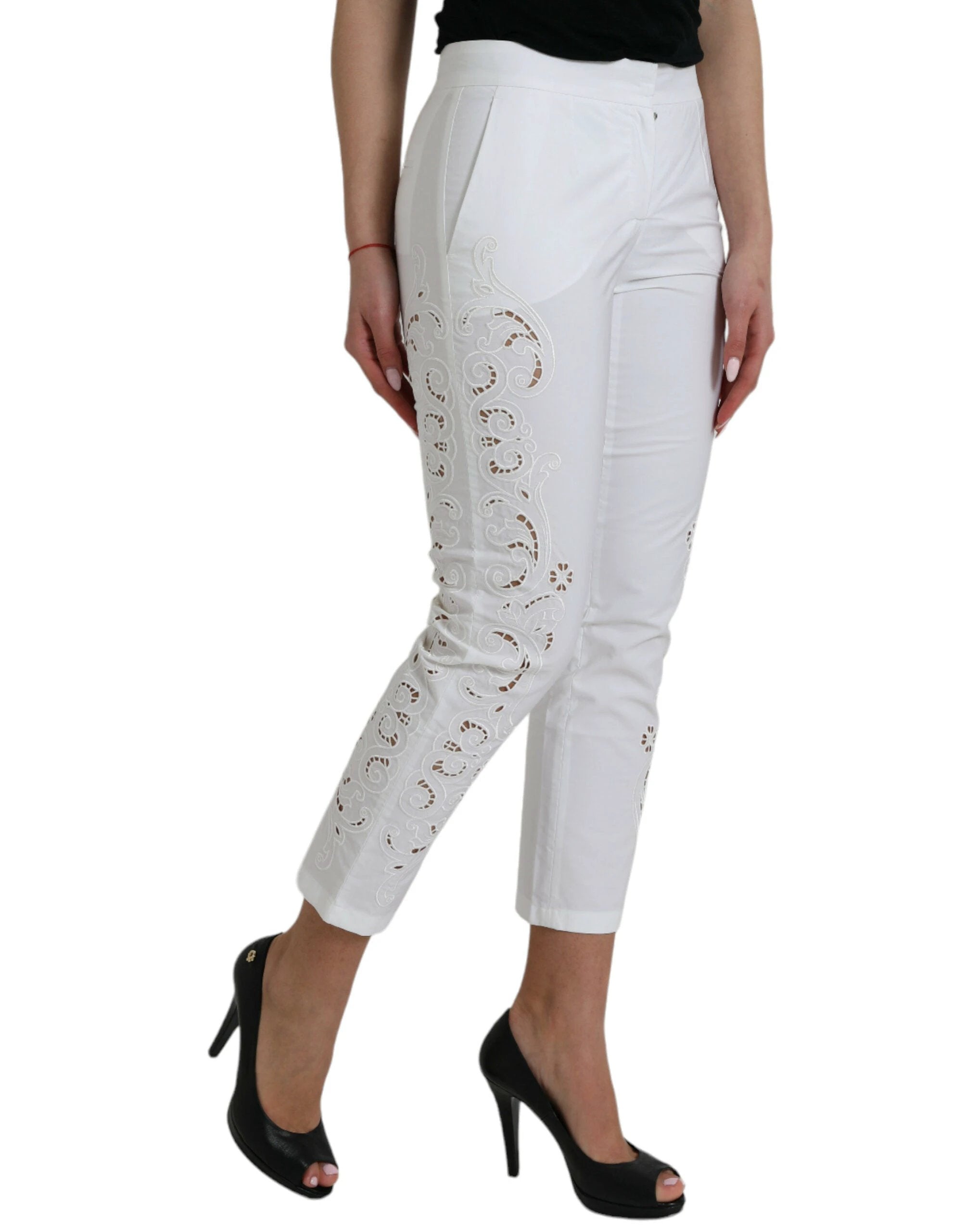 Dolce & Gabbana White Cut Out Cotton Mid Waist Cropped Pants by Dolce & Gabbana