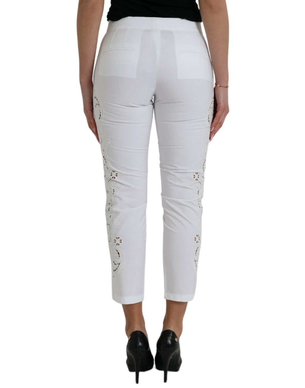 Dolce & Gabbana White Cut Out Cotton Mid Waist Cropped Pants by Dolce & Gabbana