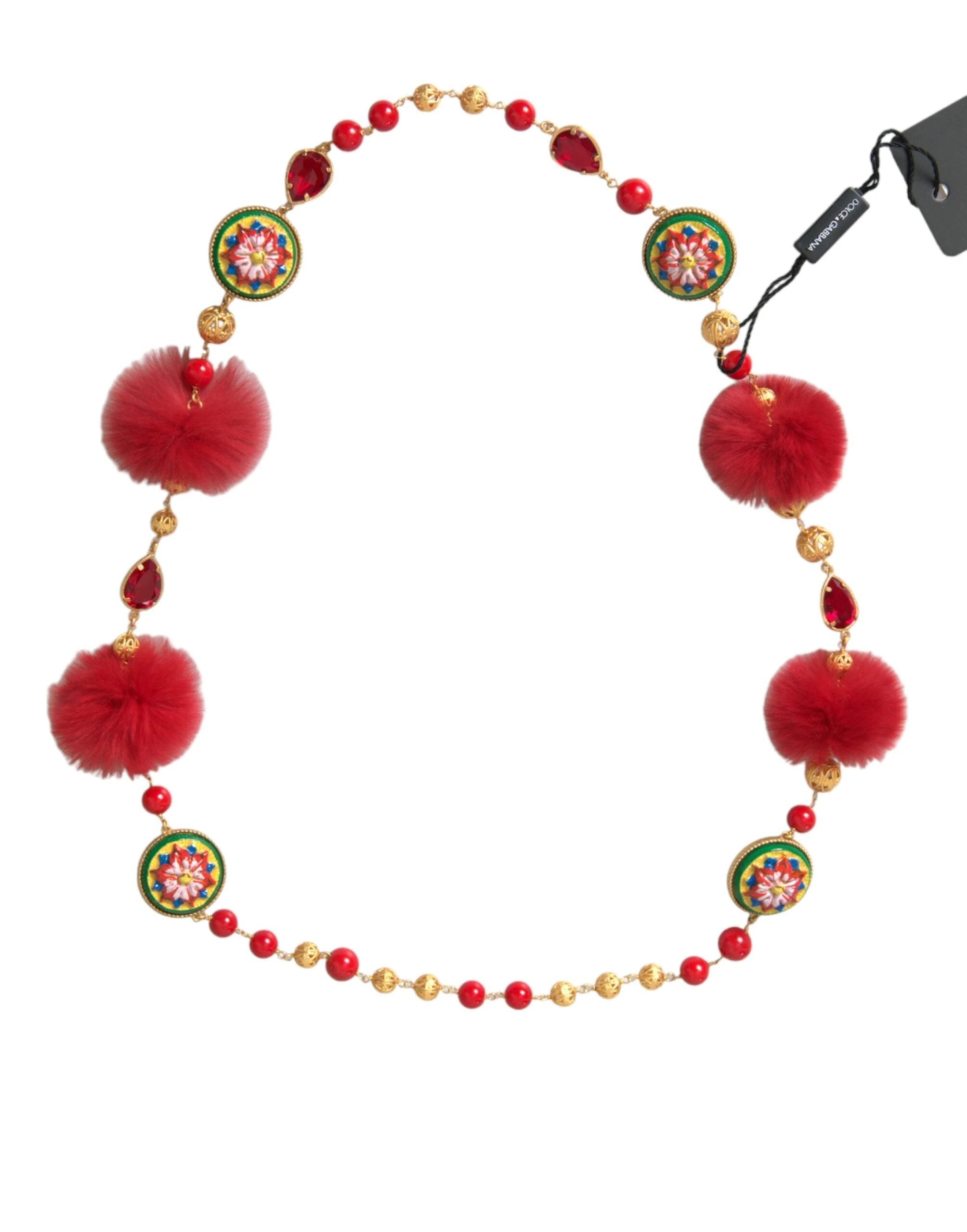 Dolce & Gabbana Gold Brass Red Fur Crystal Carretto Chain Necklace by Dolce & Gabbana