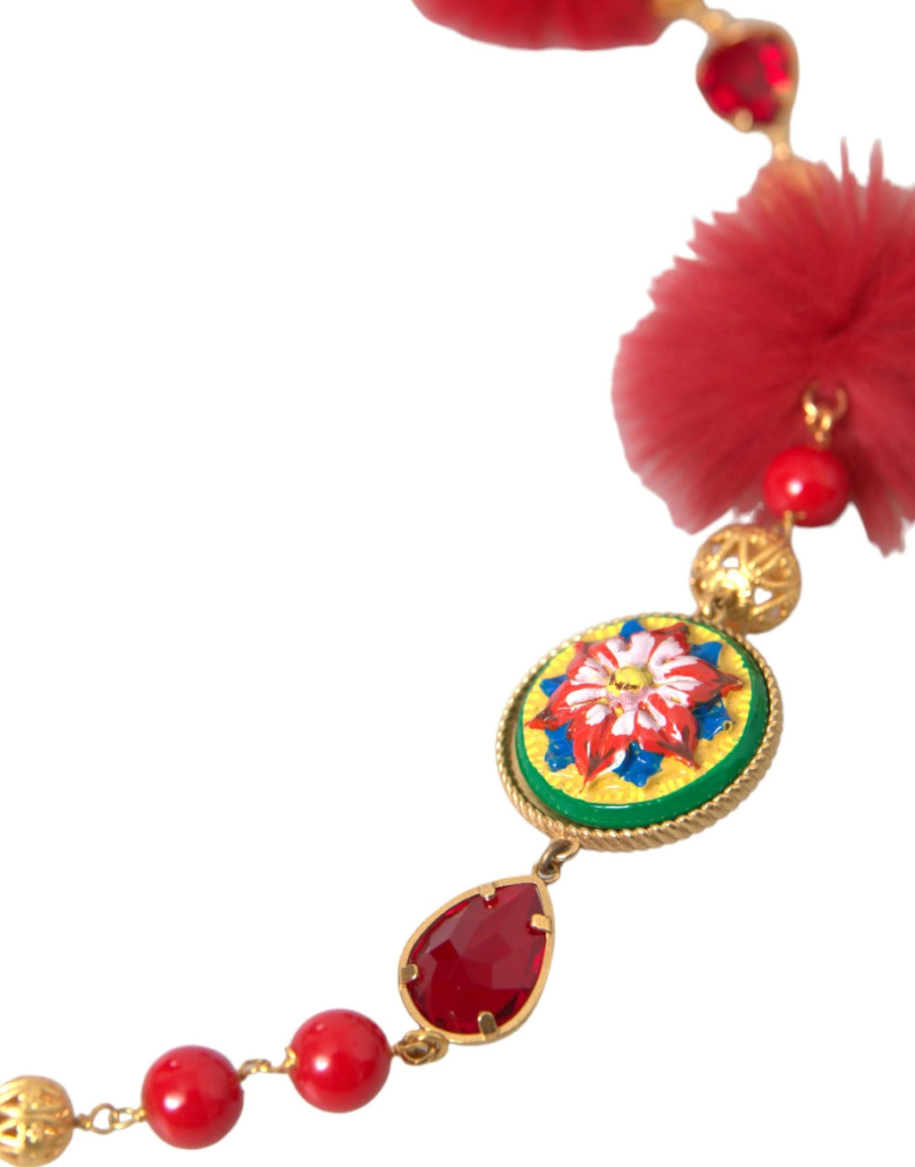 Dolce & Gabbana Gold Brass Red Fur Crystal Carretto Chain Necklace by Dolce & Gabbana