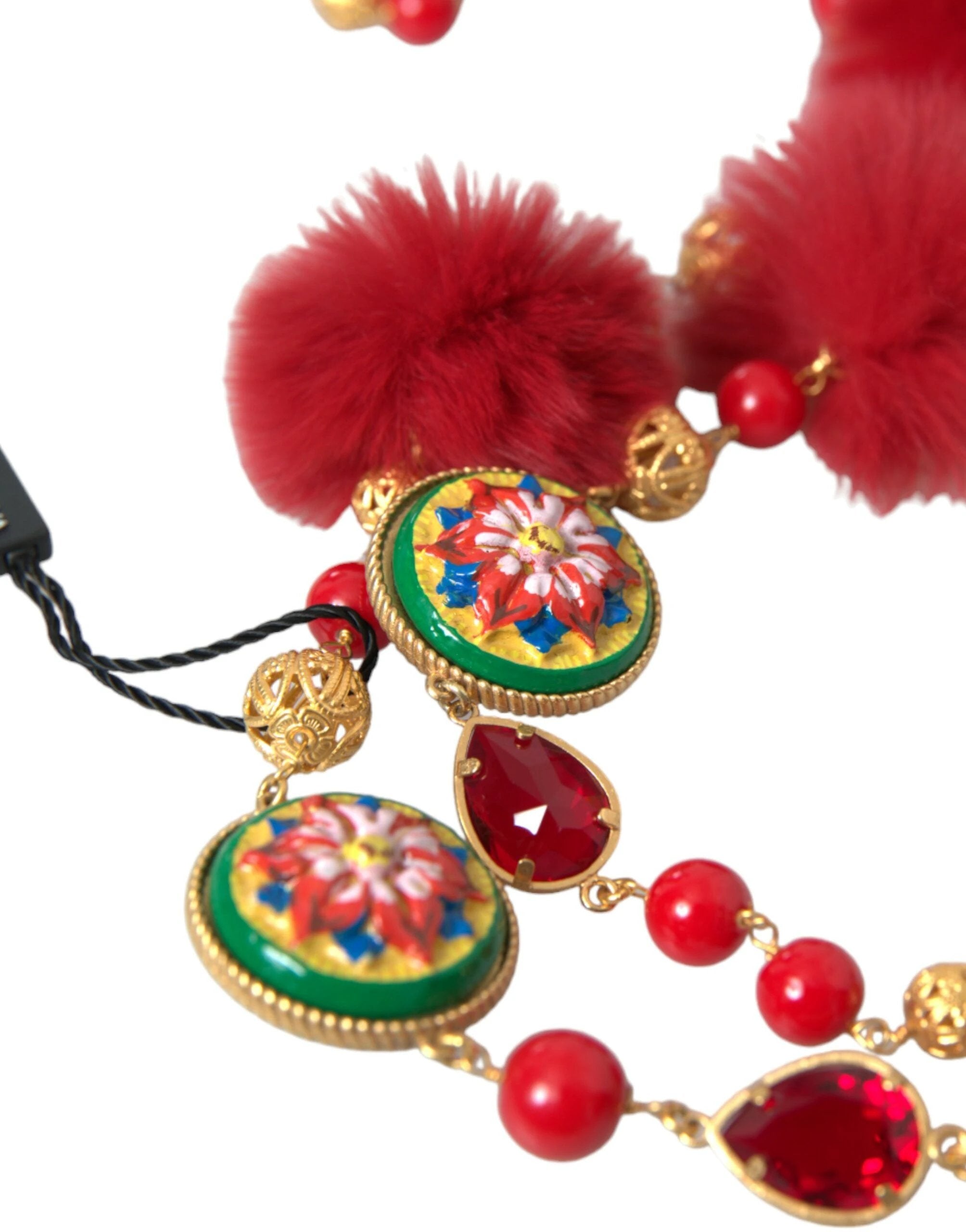 Dolce & Gabbana Gold Brass Red Fur Crystal Carretto Chain Necklace by Dolce & Gabbana