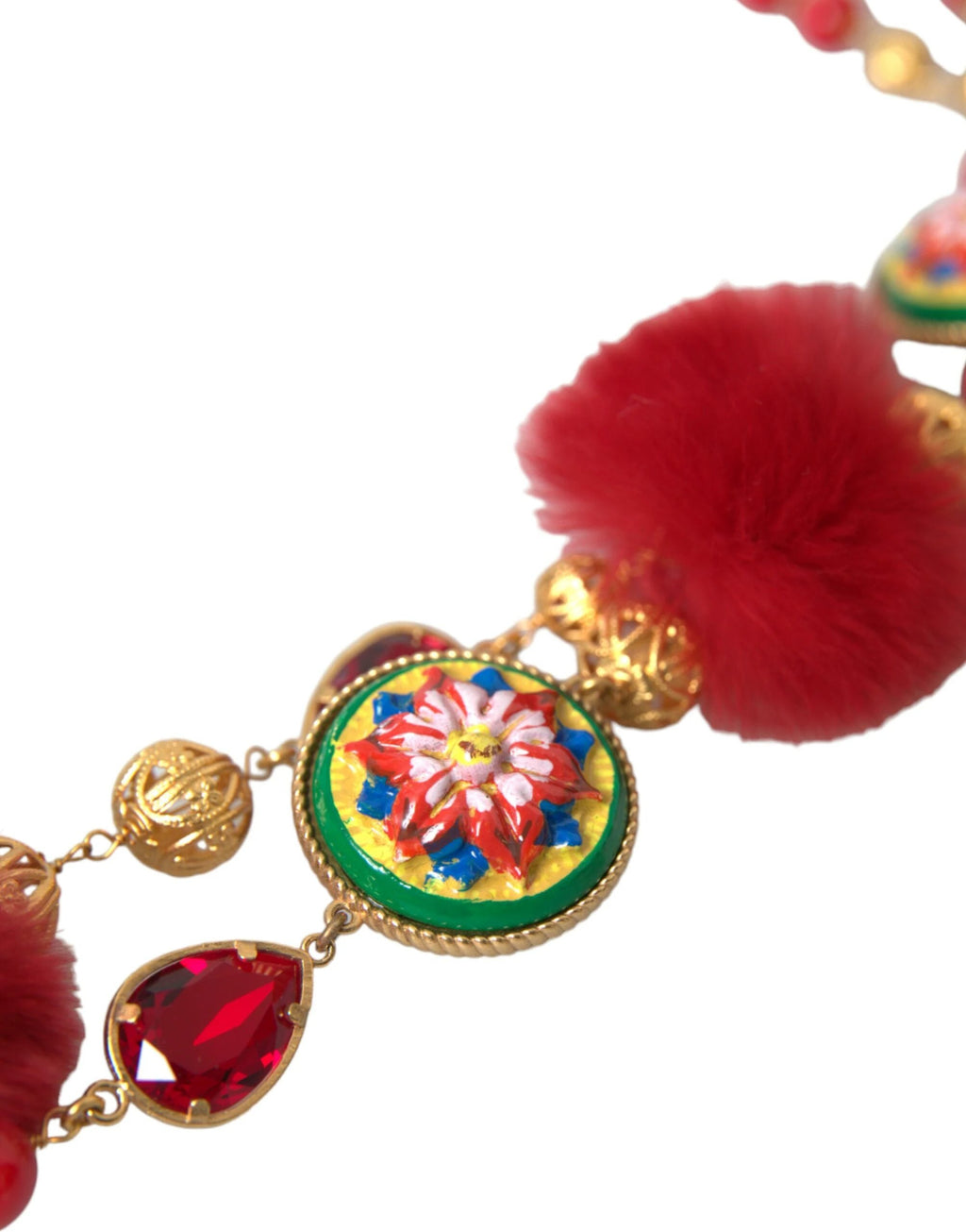 Dolce & Gabbana Gold Brass Red Fur Crystal Carretto Chain Necklace by Dolce & Gabbana